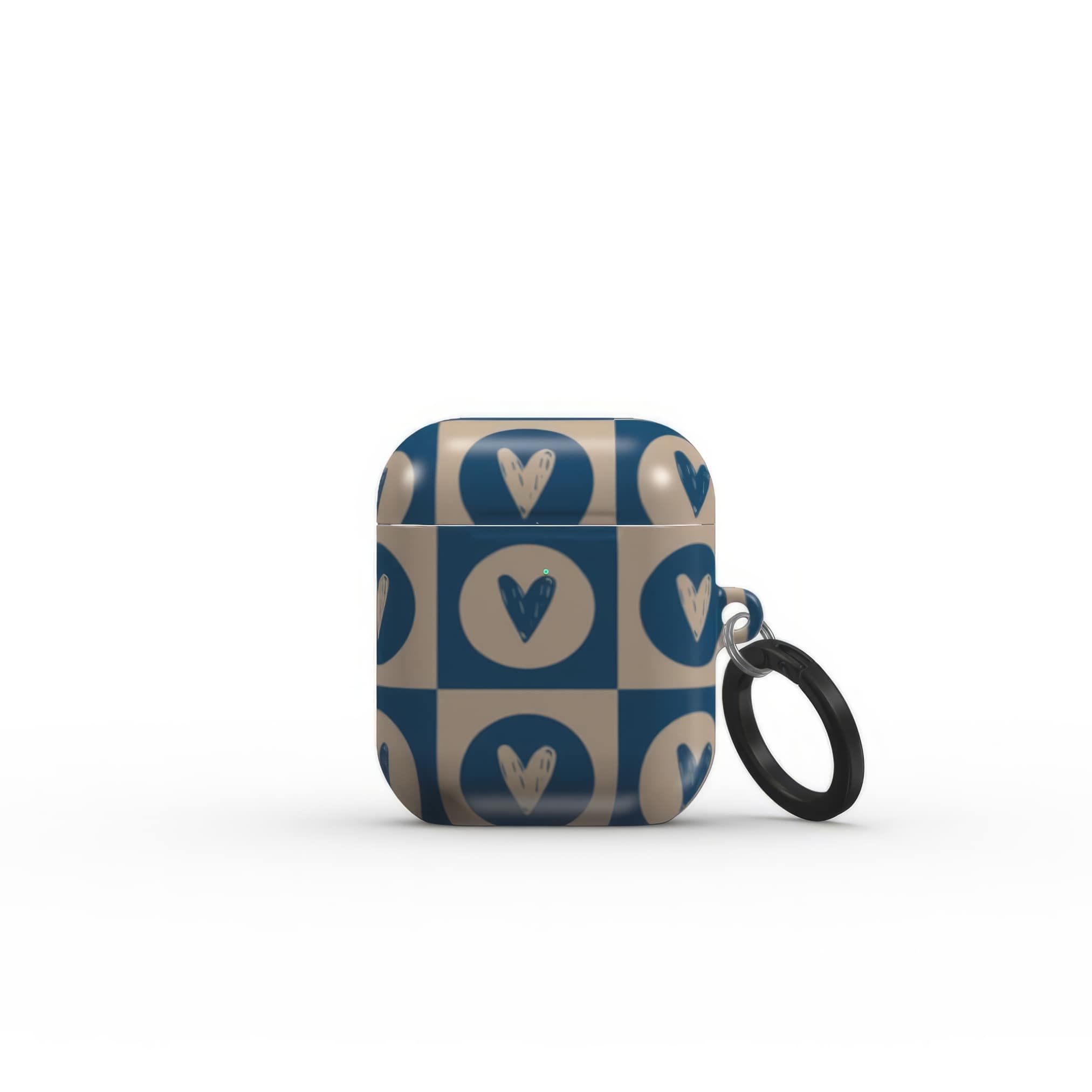 AirPods 1 and 2 case LovDot Blue pattern design with a dynamic geometric symmetry in heart and dot style, featuring an elegant and expressive aesthetic design. Main colors are steel blue and light brown. Front closed view.