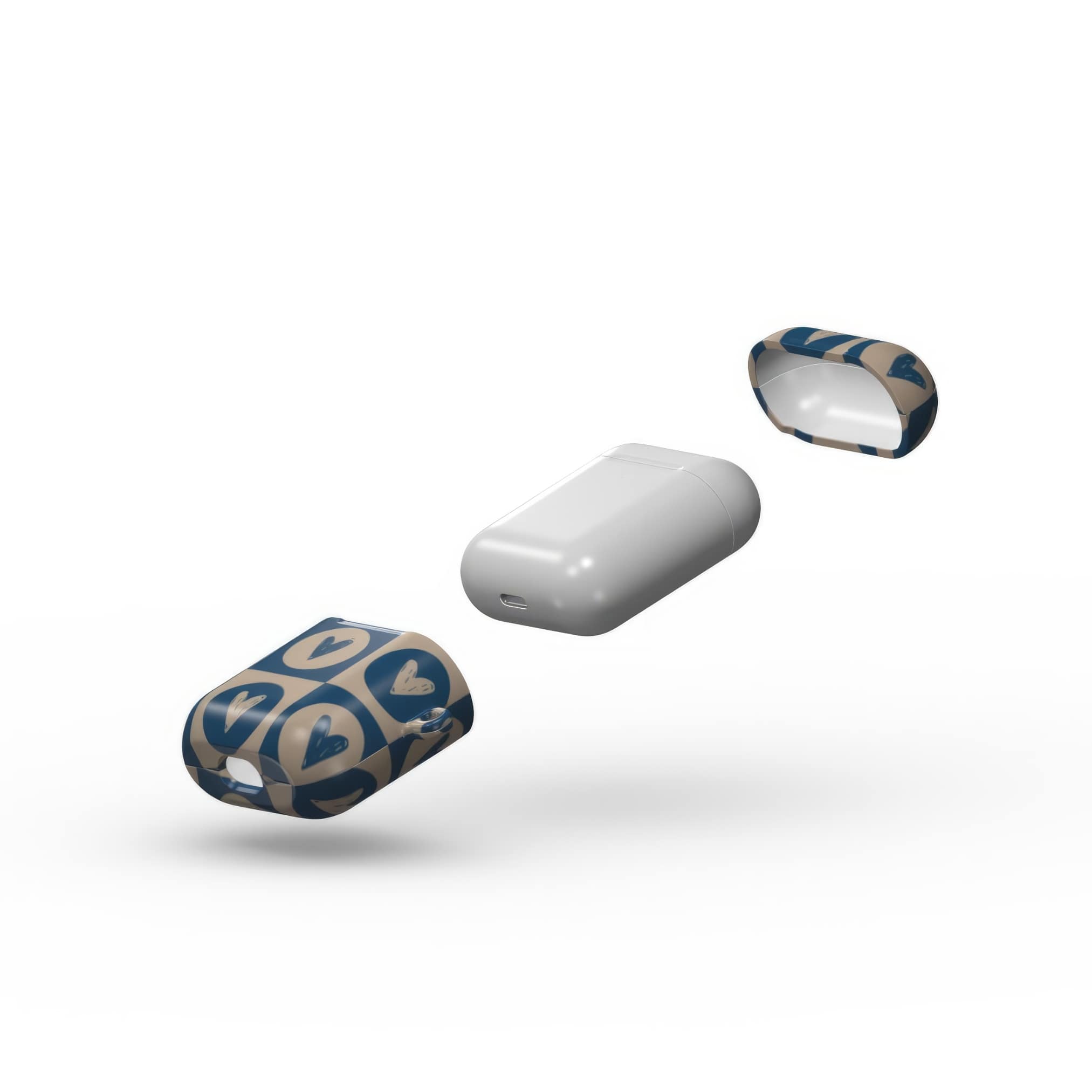 AirPods 1 and 2 case LovDot Blue pattern design with a dynamic geometric symmetry in heart and dot style, featuring an elegant and expressive aesthetic design. Main colors are steel blue and light brown. Extend view.