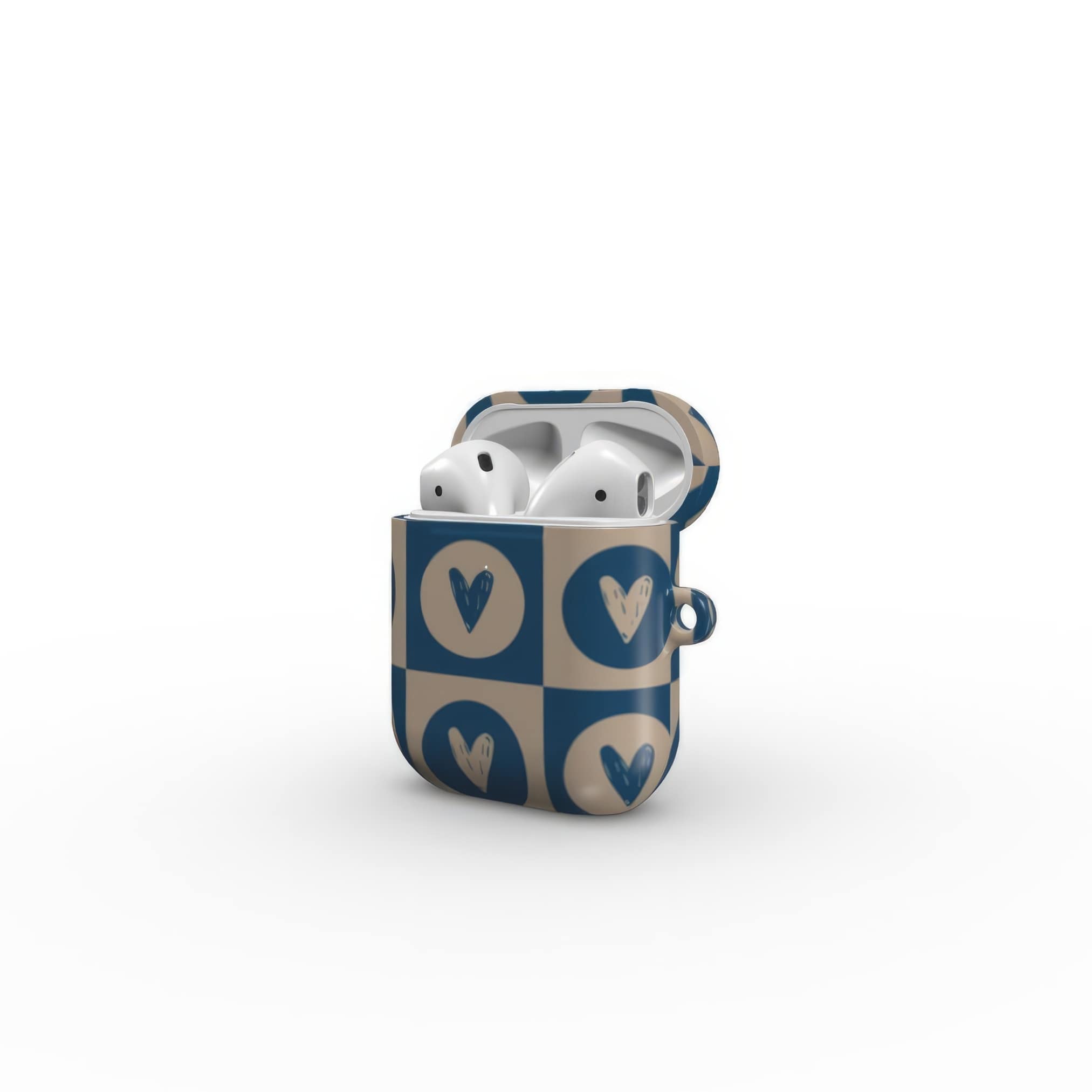 AirPods 1 and 2 case LovDot Blue pattern design with a dynamic geometric symmetry in heart and dot style, featuring an elegant and expressive aesthetic design. Main colors are steel blue and light brown. Side open view.