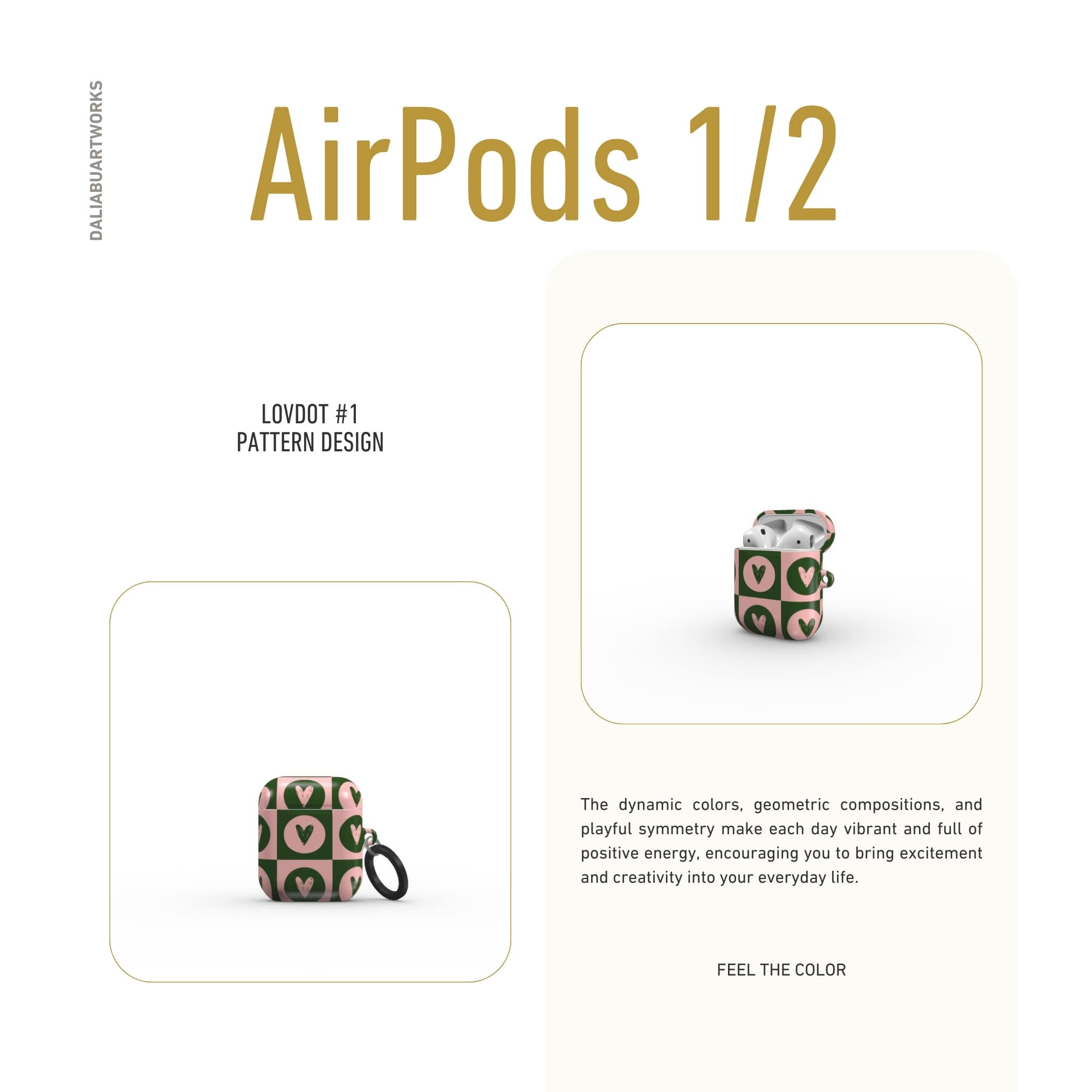 AirPods 1 and 2 case LovDot Vintage Rose pattern design with a dynamic geometric symmetry in heart and dot style, featuring an elegant and expressive aesthetic design. Main colors are vintage pink and green. Front view.