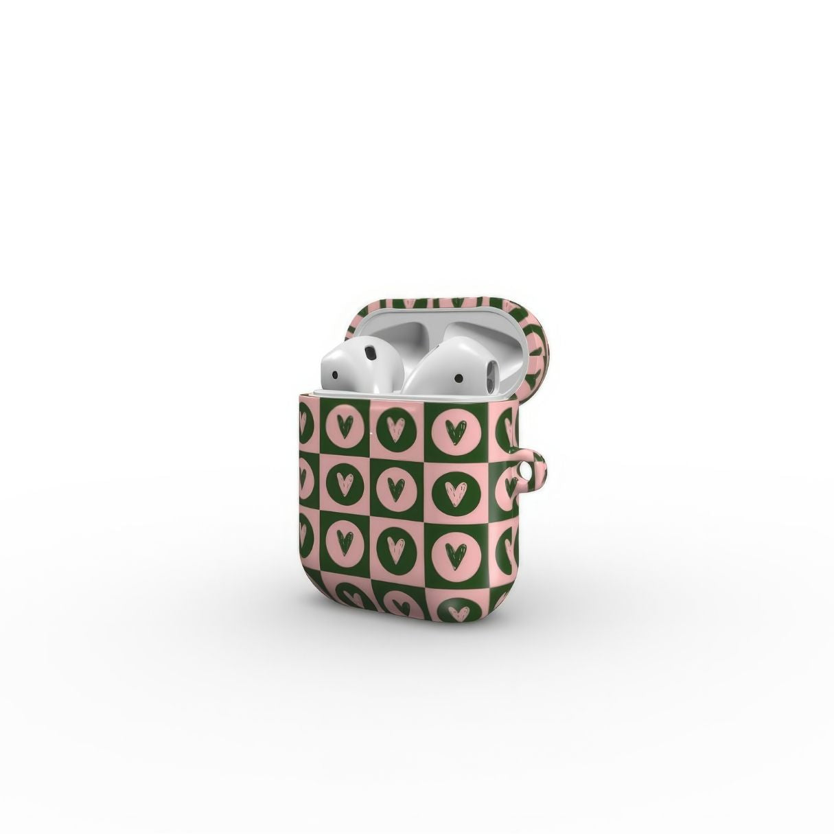 AirPods 1 and 2 case LovDot Vintage Rose pattern design with a dynamic geometric symmetry in heart and dot style, featuring an elegant and expressive aesthetic design. Main colors are vintage pink and green. Side open view.