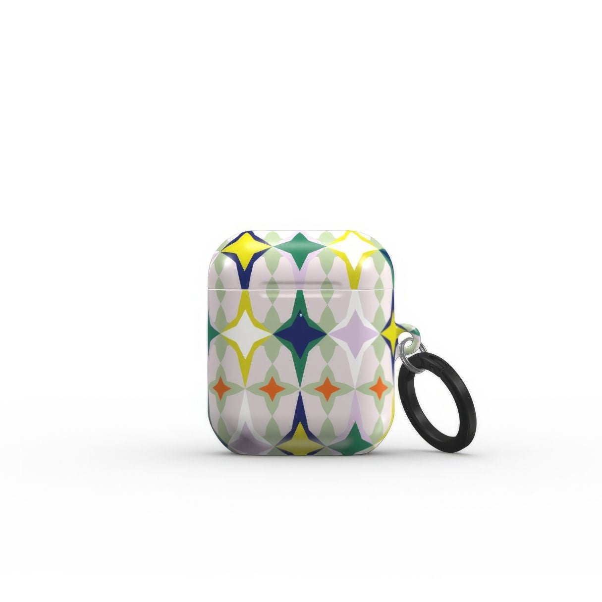 AirPods 1/2 Magic Spring pattern design with a dynamic geometric symmetry in geometric style, featuring an elegant and expressive aesthetic design. Main colors are green, yellow, orange red and deep blue. Front closed view.