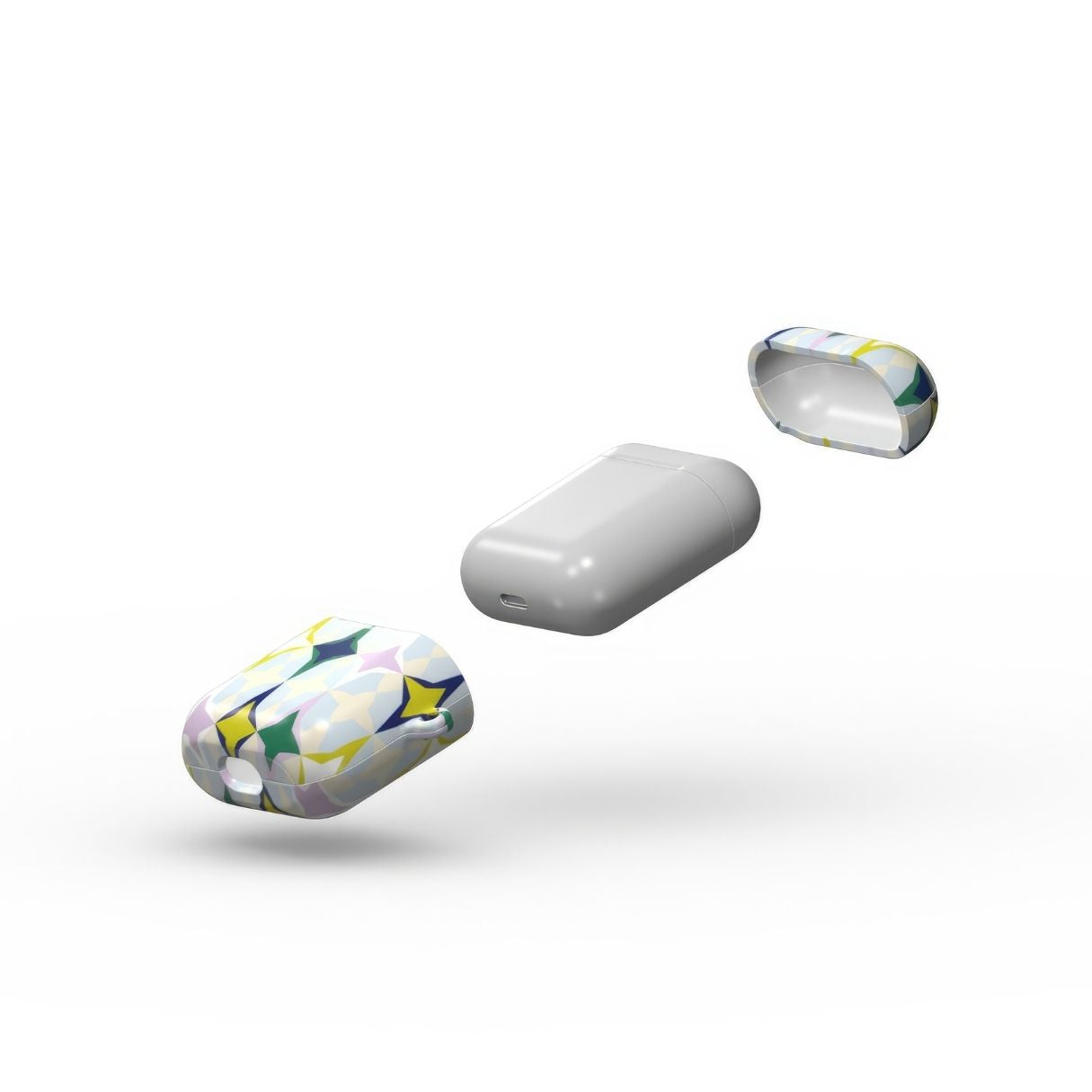 AirPods 1/2 case Magic Winter pattern design with a dynamic geometric symmetry in geometric style, featuring an elegant and expressive aesthetic design. Main colors are divine blue, yellow, green and deep blue. Extend view.