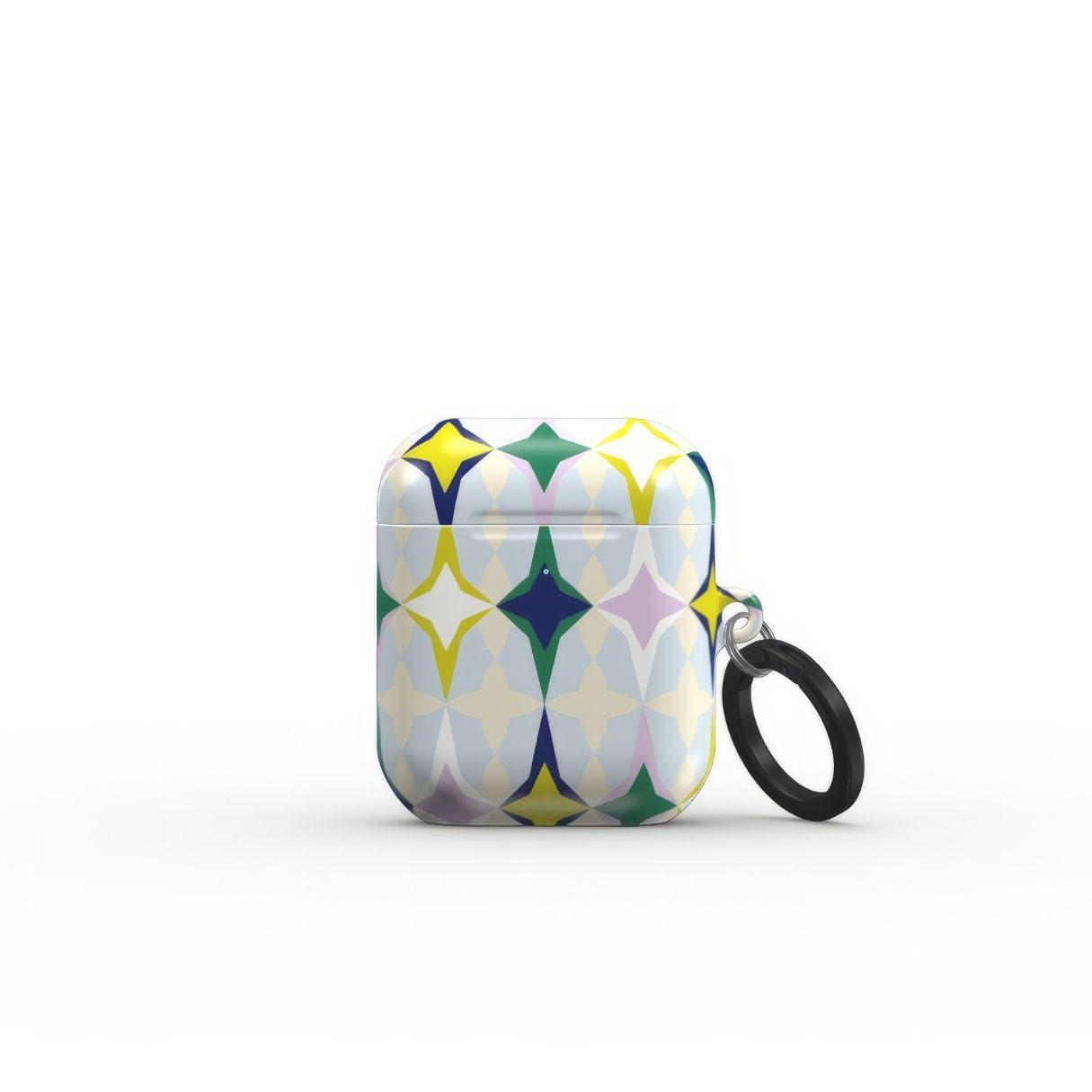 AirPods 1/2 case Magic Winter pattern design with a dynamic geometric symmetry in geometric style, featuring an elegant and expressive aesthetic design. Main colors are divine blue, yellow, green and deep blue. Front view.