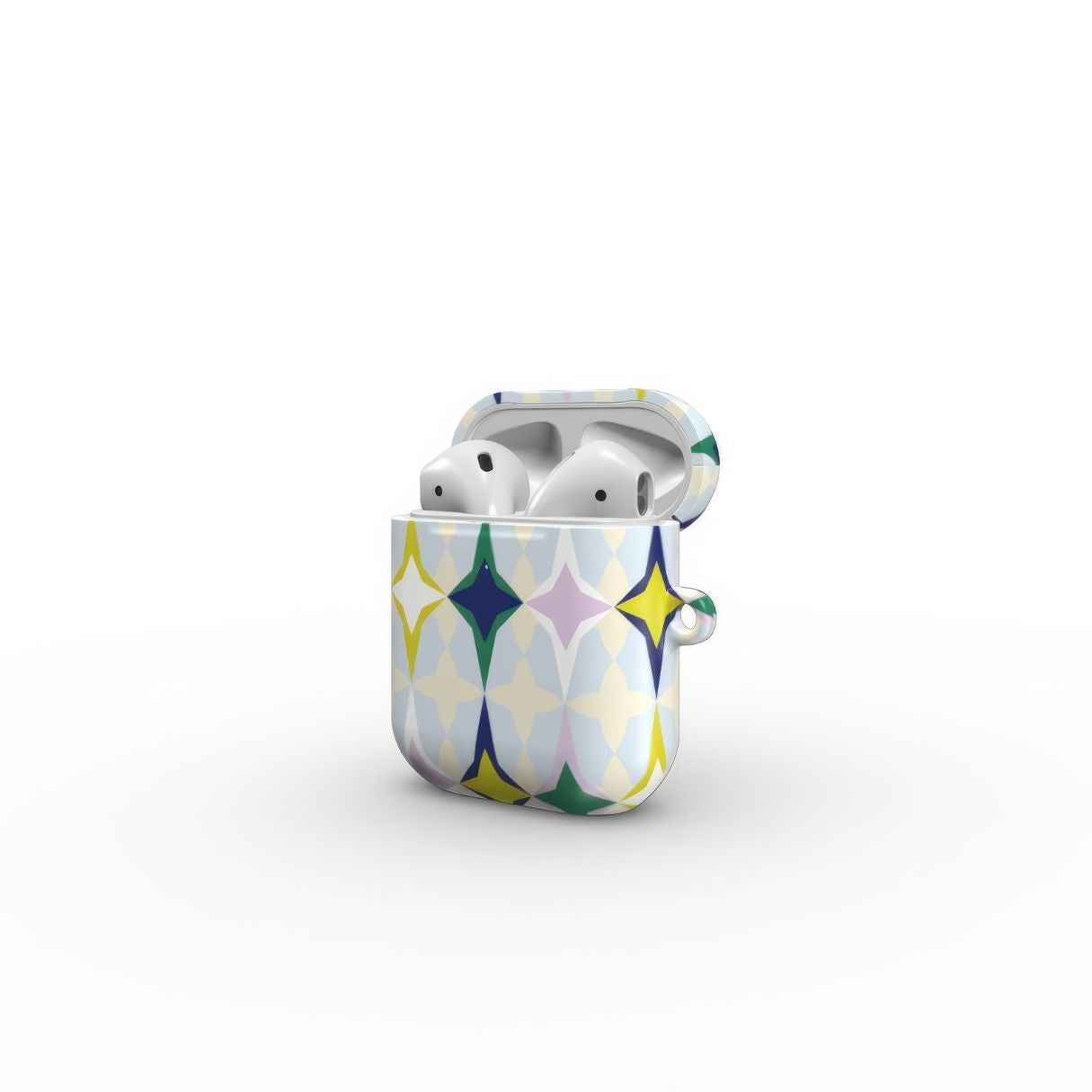 AirPods 1/2 case Magic Winter pattern design with a dynamic geometric symmetry in geometric style, featuring an elegant and expressive aesthetic design. Main colors are divine blue, yellow, green and deep blue. Side open view.