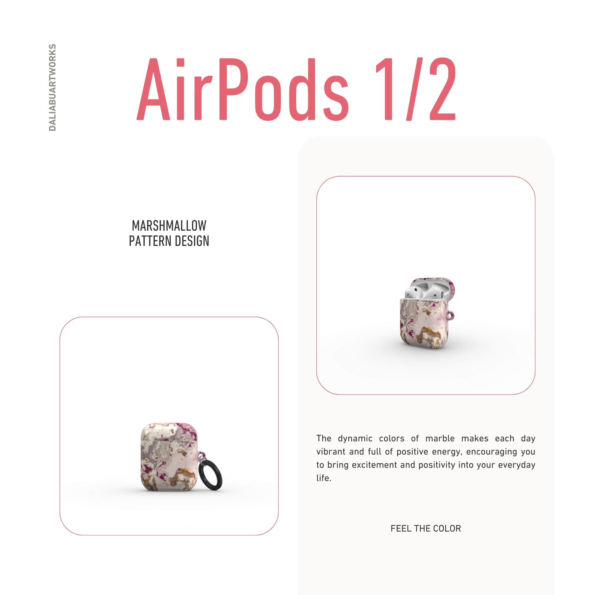 AirPods 1/2 tough case front view; Marshmallow pattern, artistic, abstract marble pattern. Pink and beige color combination.