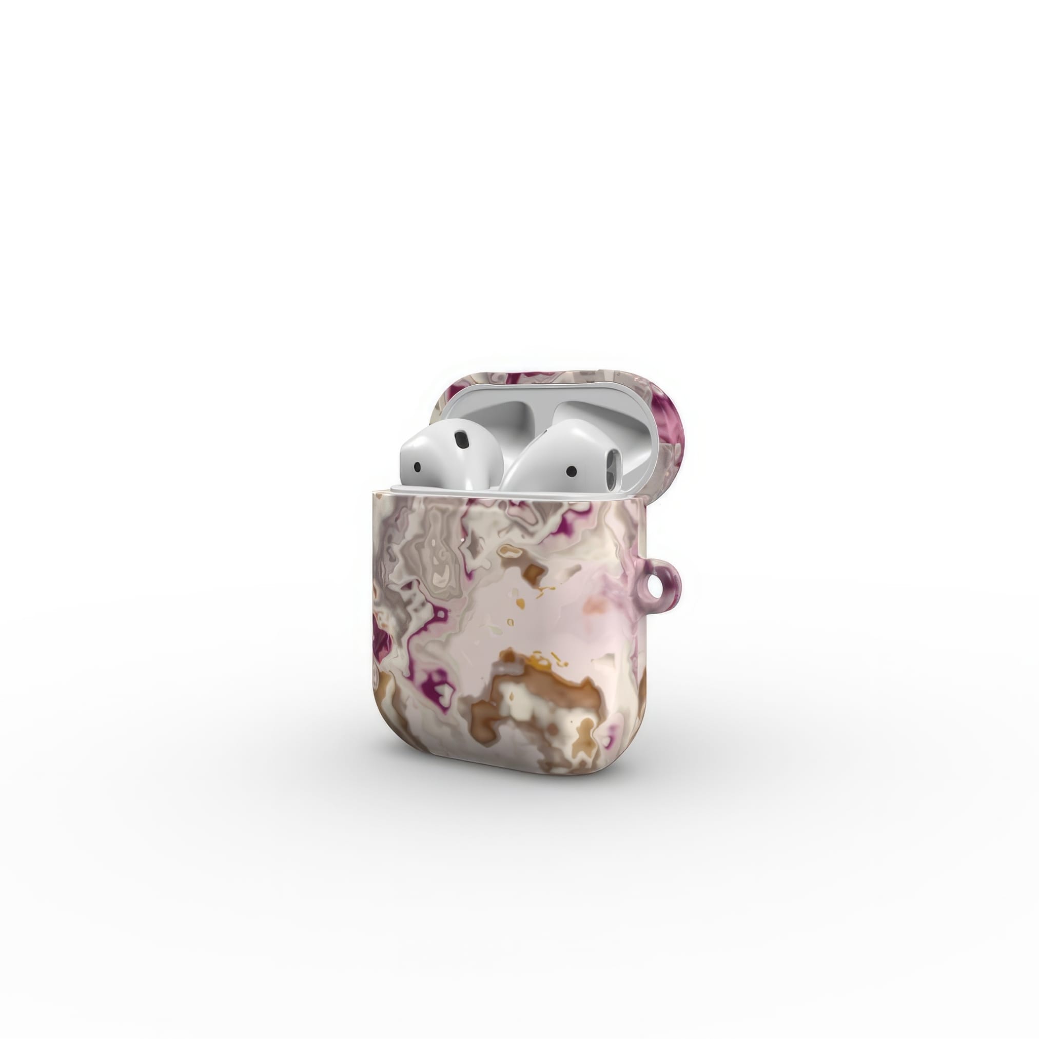 AirPods 1/2 tough case side open view; Marshmallow pattern, artistic, abstract marble pattern. Pink and beige color combination.