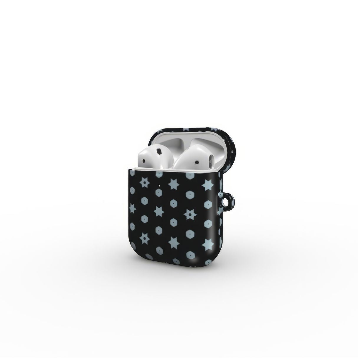 AirPods 1 and 2 case side open view; Midnight Stars pattern, ornamental pattern; kaleidoscope pattern imagination.
