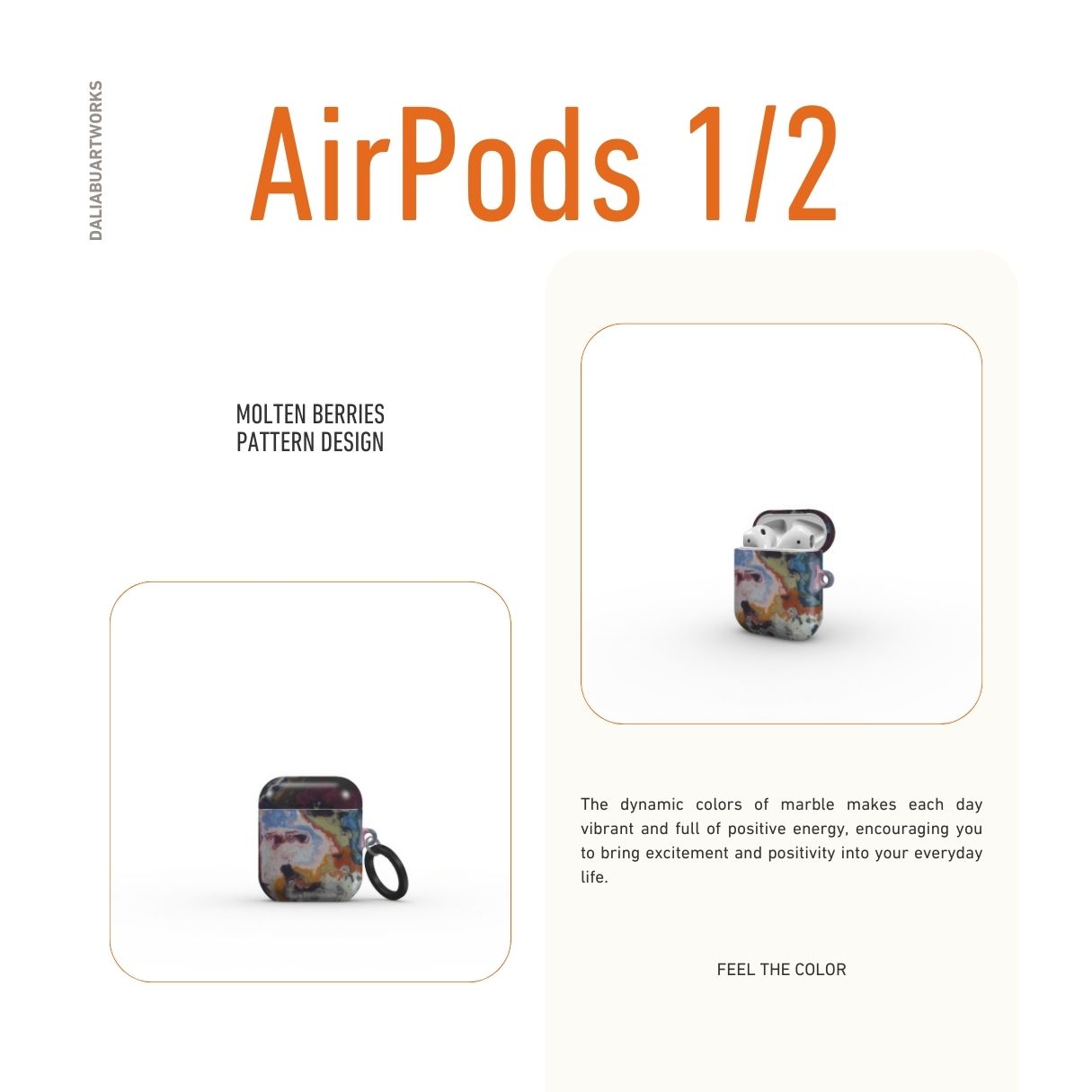 AirPods 1 and 2 tough case front view; Molten Berries pattern, artistic, abstract marble pattern. Deep. purple color. Bold expressive aesthetic design. Colorful and interior fit. Elegant.