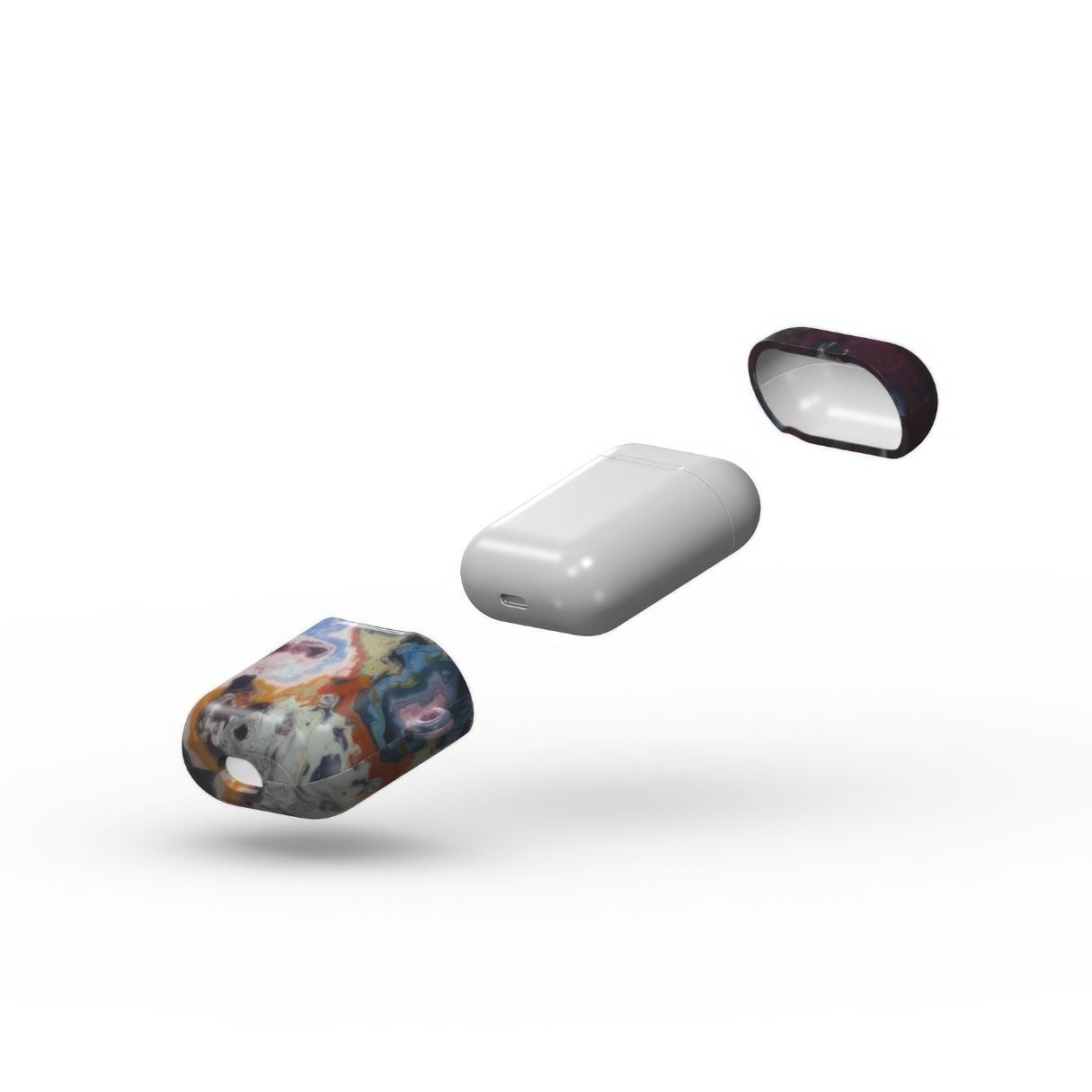 AirPods 1 and 2 tough case extend view; Molten Berries pattern, artistic, abstract marble pattern. Deep. purple color. Bold expressive aesthetic design. Colorful and interior fit. Elegant.