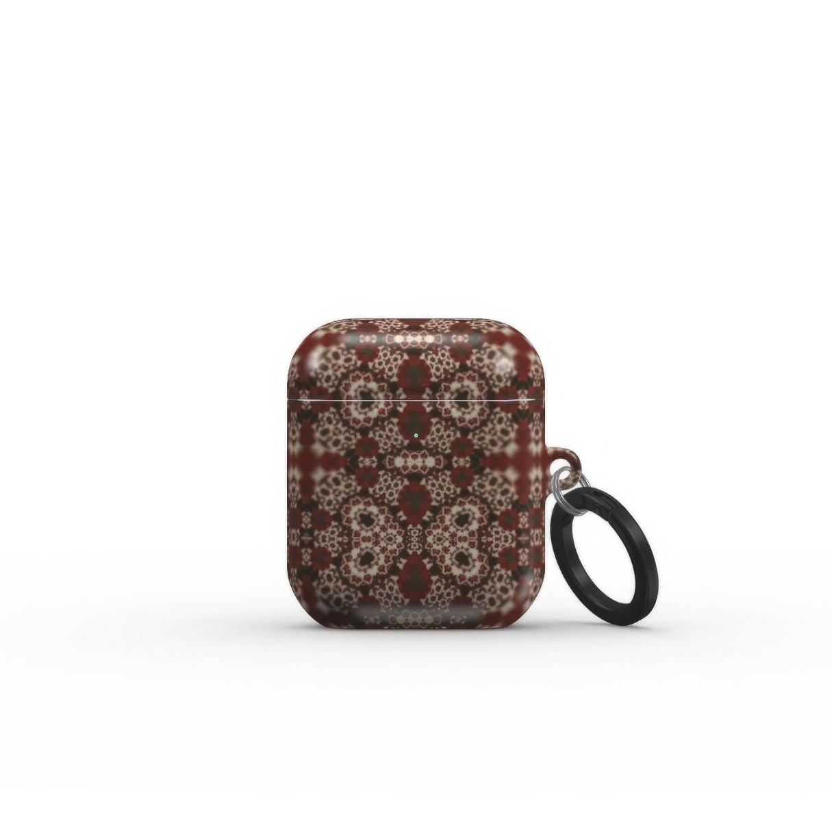 Valentine's edition design. AirPods 1/2 Case My Heart pattern with ornamental design, featuring an elegant and expressive aesthetic shape. Main color is deep red. Front closed view.