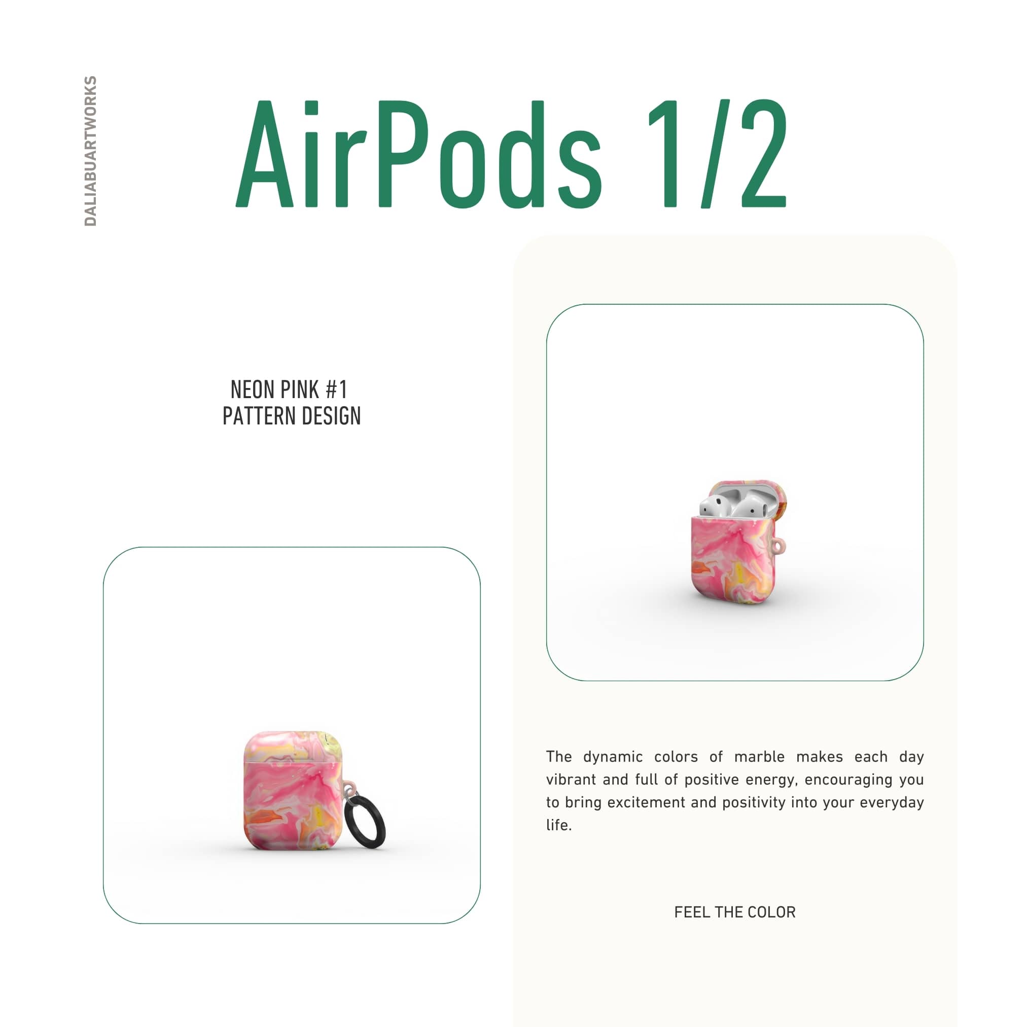 AirPods 1 and 2 tough case front view; Neon Pink pattern, artistic, abstract marble pattern. Pink and green color combination.