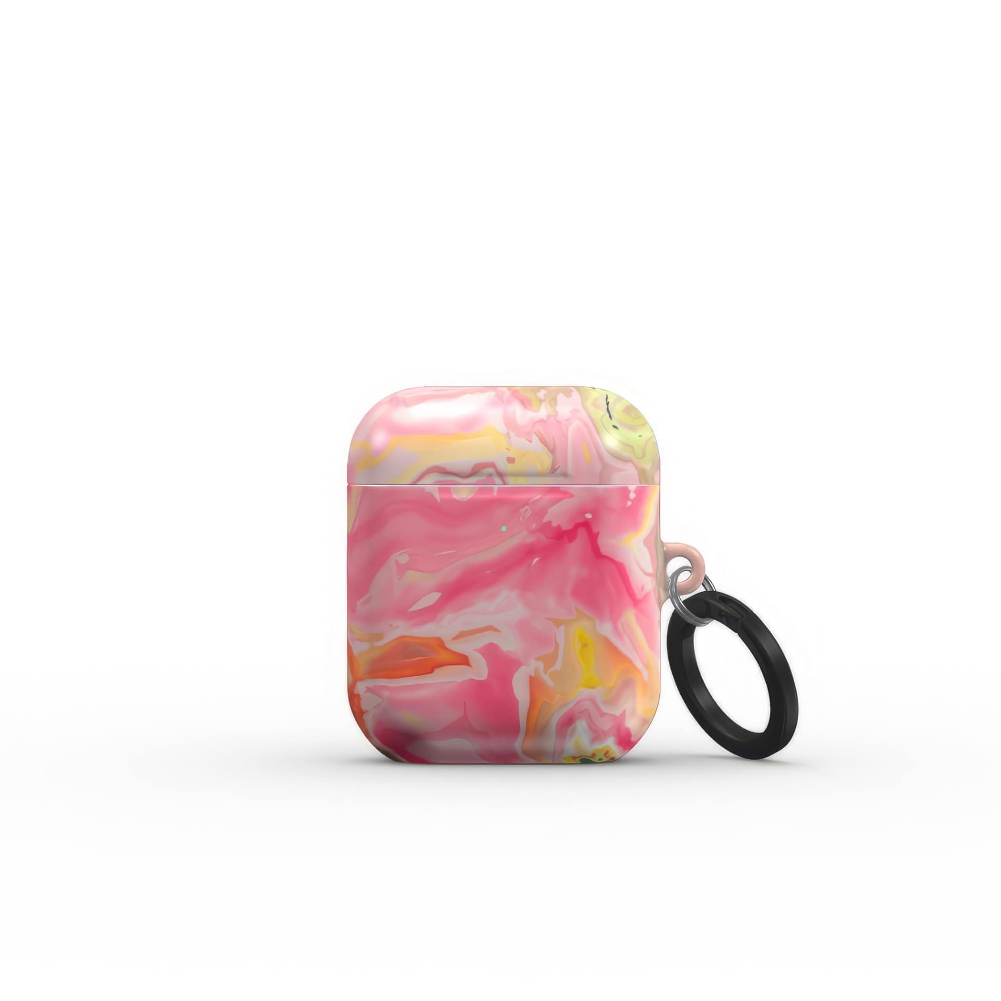 AirPods 1 and 2 tough case front view; Neon Pink pattern, artistic, abstract marble pattern. Pink and green color combination. Bold expressive aesthetic design. Colorful and interior fit. Elegant.