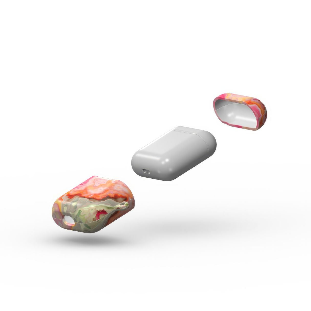 AirPods 1 and 2 tough case extend view; Neon Pink Light pattern, artistic, abstract marble pattern. Light pink and green color combination. 