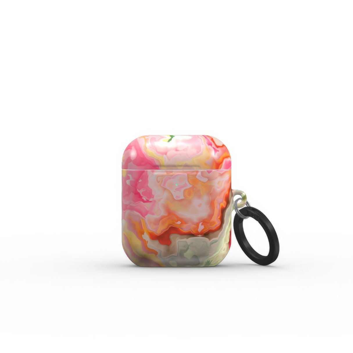AirPods 1 and 2 tough case front view; Neon Pink Light pattern, artistic, abstract marble pattern. Light pink and green color combination. Bold expressive aesthetic design. Colorful and interior fit. Elegant.