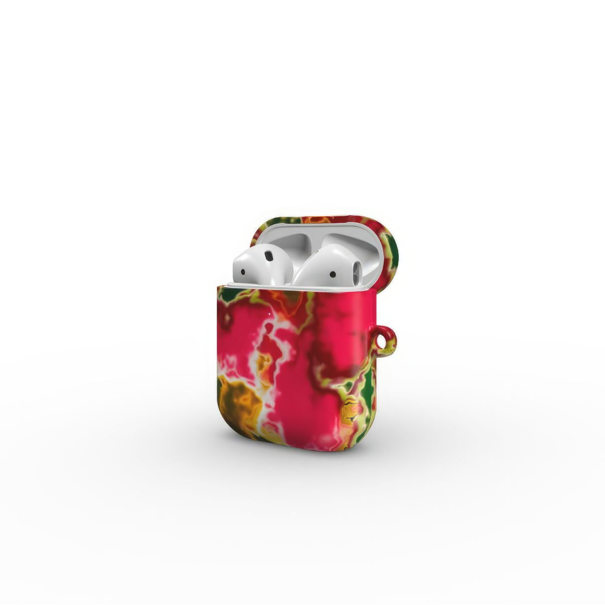 AirPods 1 and 2 tough phone case side open view; Neon Pink Rich pattern, artistic, abstract marble pattern. Pink and green color combination.