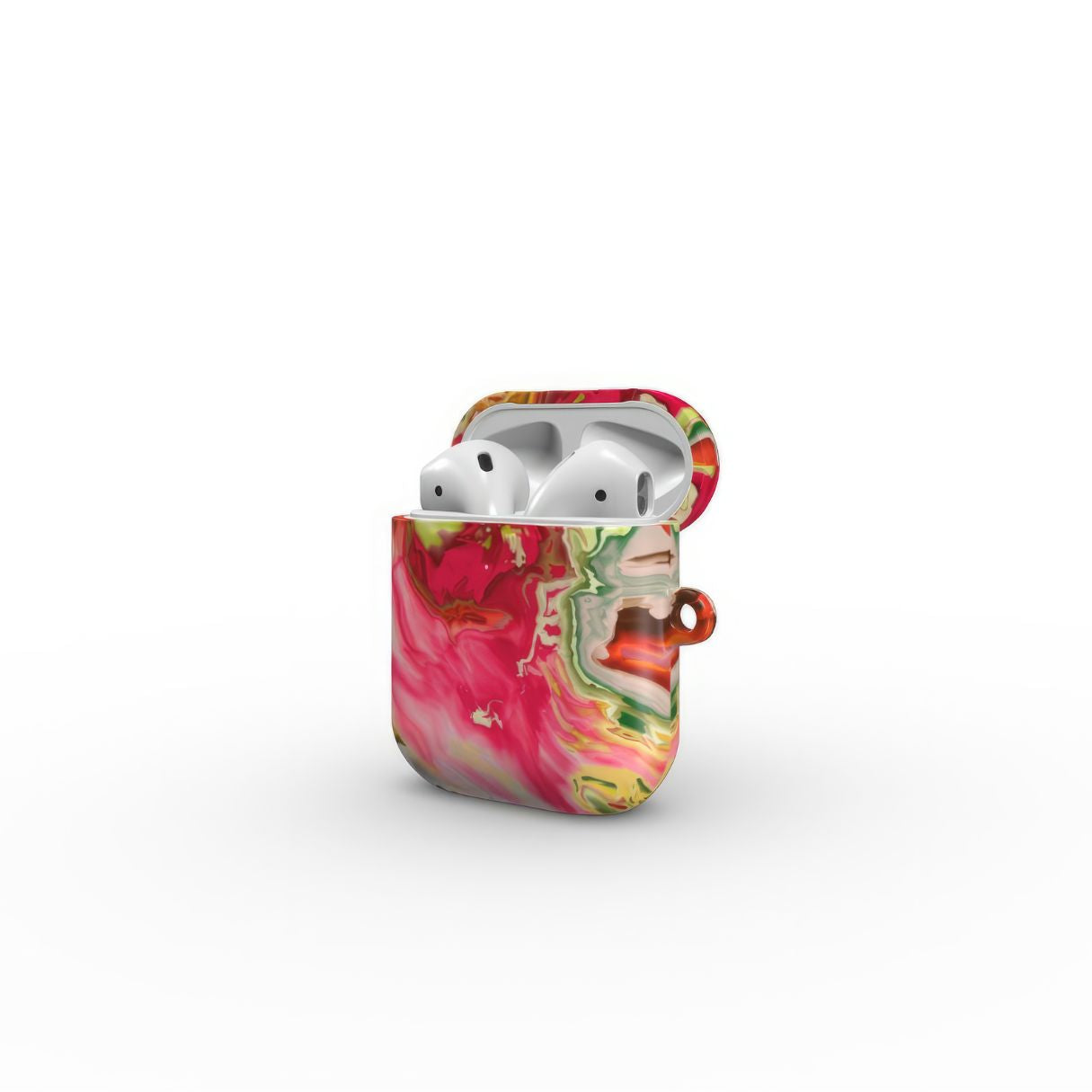 AirPods 1 and 2 tough case side open view; Neon Pink pattern, artistic, abstract marble pattern. Pink and green color combination.