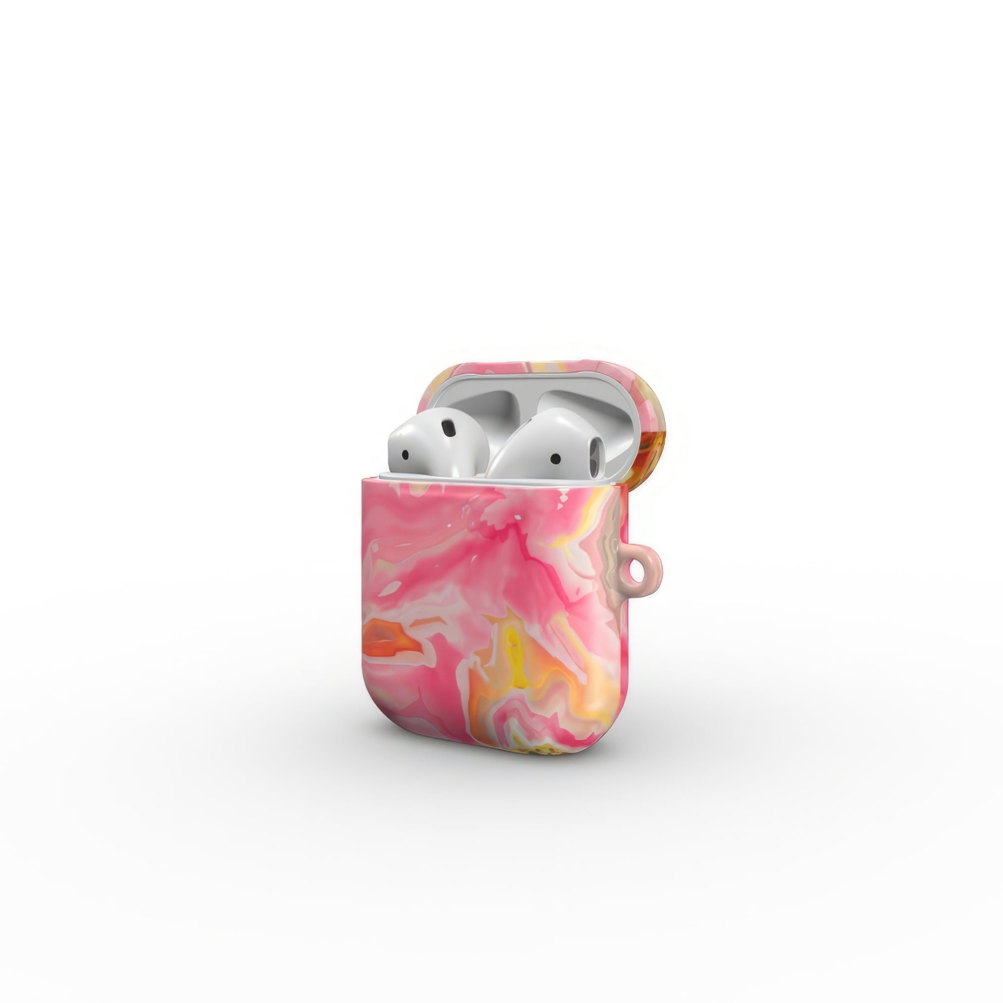AirPods 1 and 2 tough case side open view; Neon Pink pattern, artistic, abstract marble pattern. Pink and green color combination.