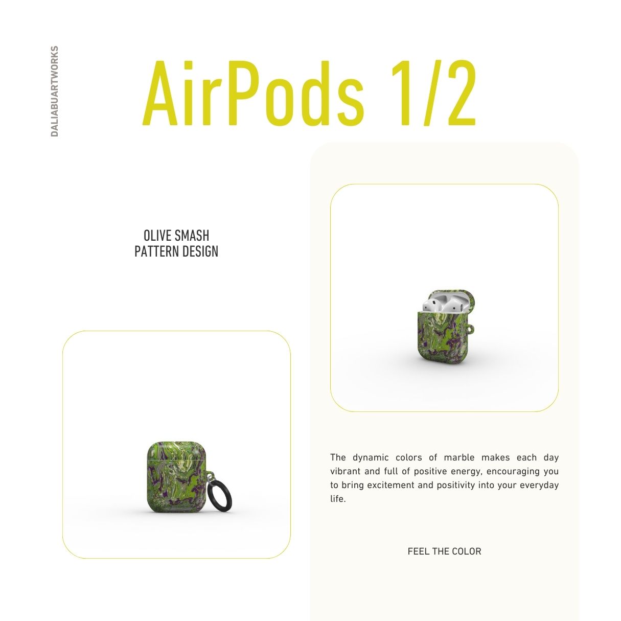 AirPods 1/2 case with a bold vivid pattern Olive Smash abstract and artistic style, featuring an elegant and expressive aesthetic design. Main colors are olive green and purple hues. Description.
