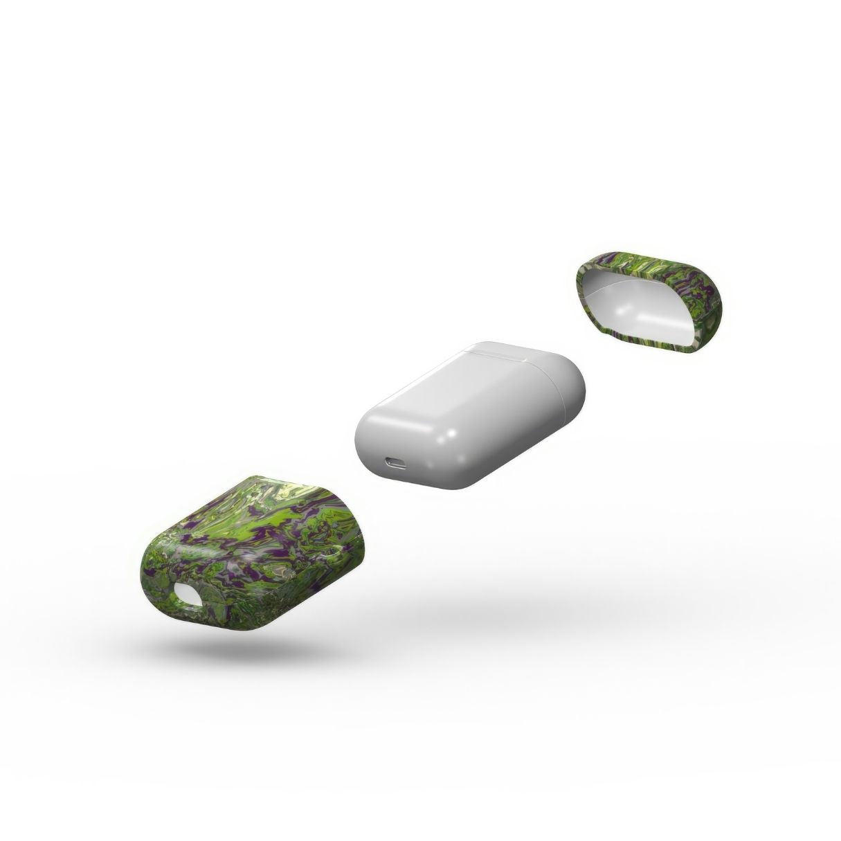 AirPods 1/2 case with a bold vivid pattern Olive Smash abstract and artistic style, featuring an elegant and expressive aesthetic design. Main colors are olive green and purple hues. Extend view.
