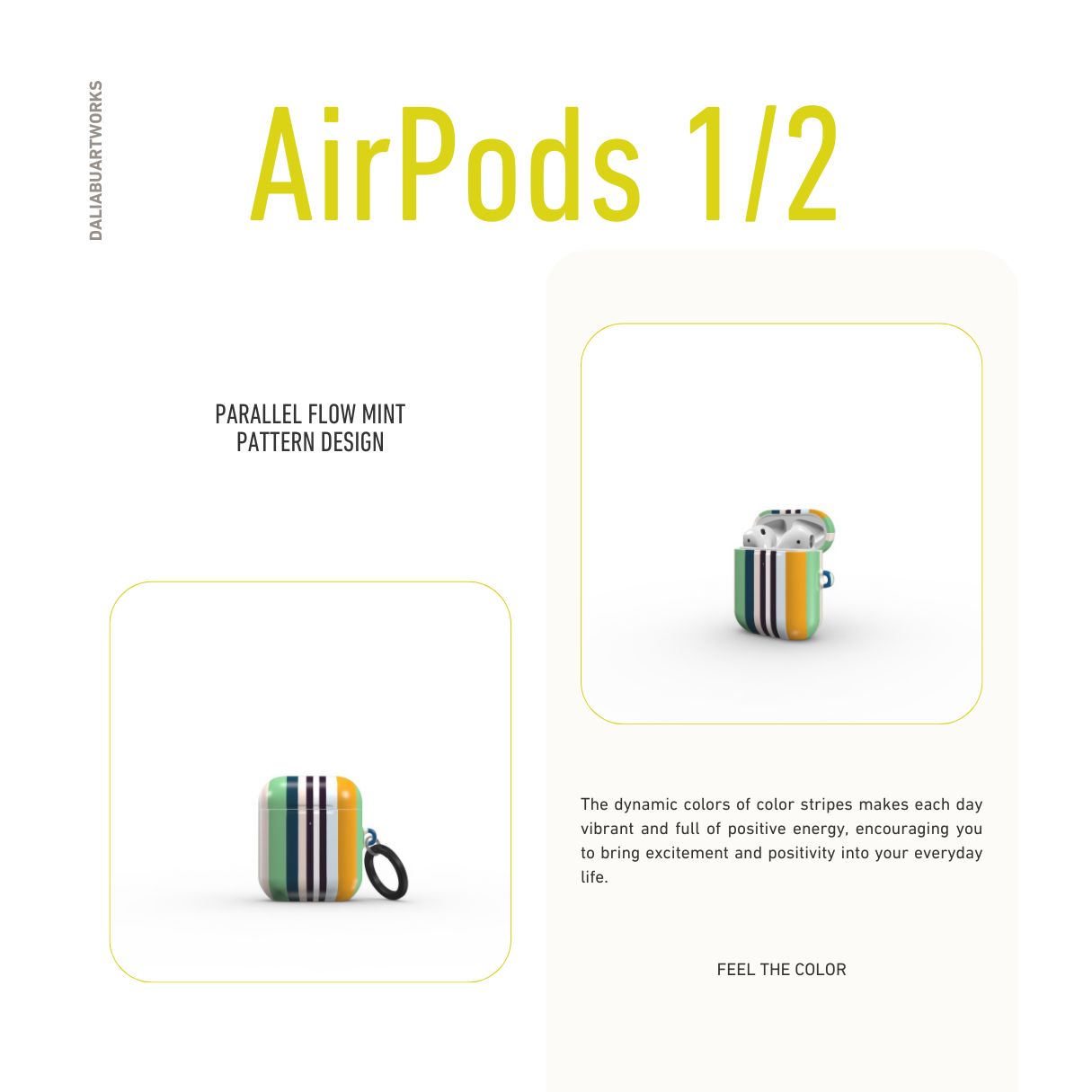 AirPods 1 and  2 case Parallel Flow Mint pattern with tiny color stripes, featuring an elegant and expressive aesthetic design. Main colors are minty sage, powder pink, navy blue. Front view.