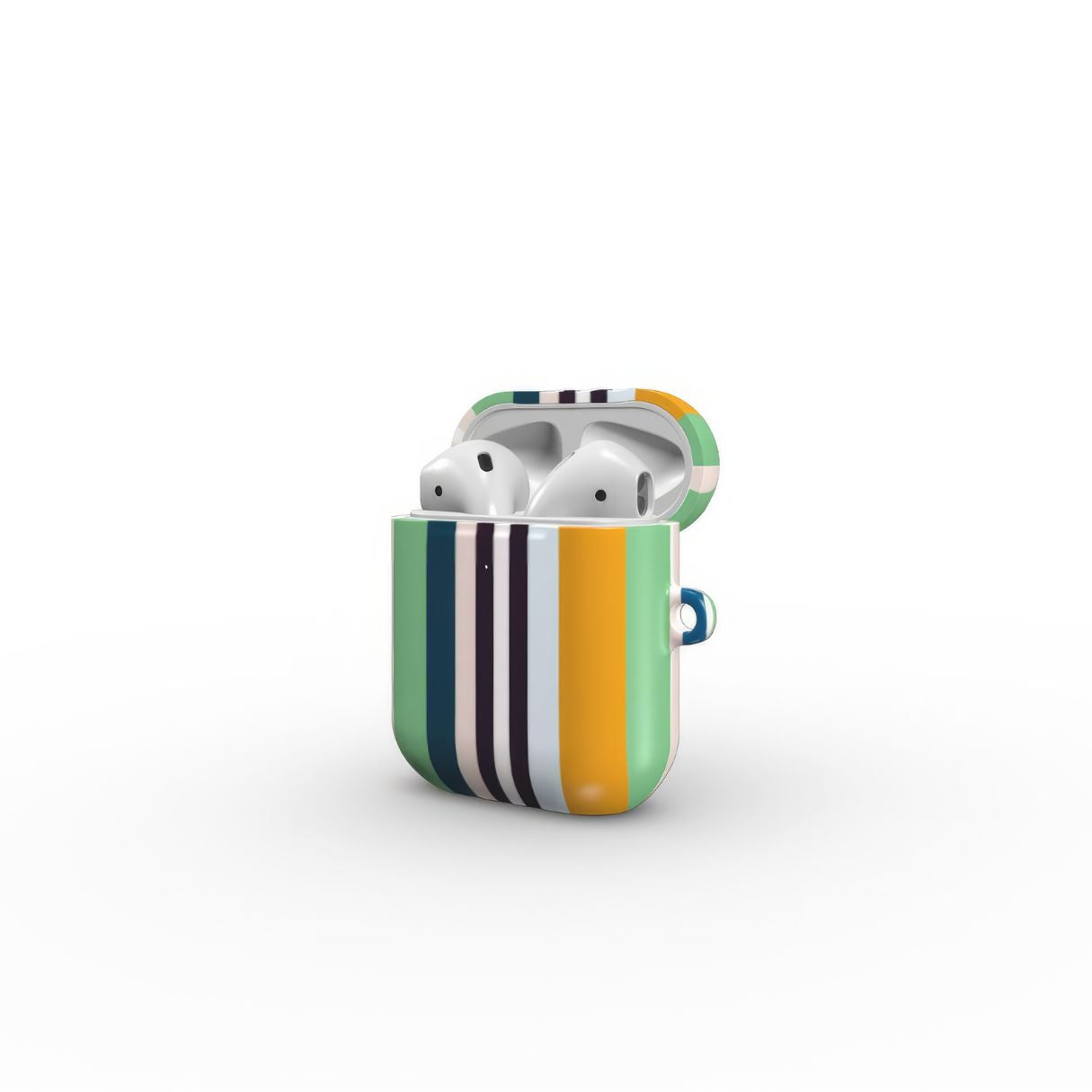 AirPods 1 and  2 case Parallel Flow Mint pattern with tiny color stripes, featuring an elegant and expressive aesthetic design. Main colors are minty sage, powder pink, navy blue. Side open view.