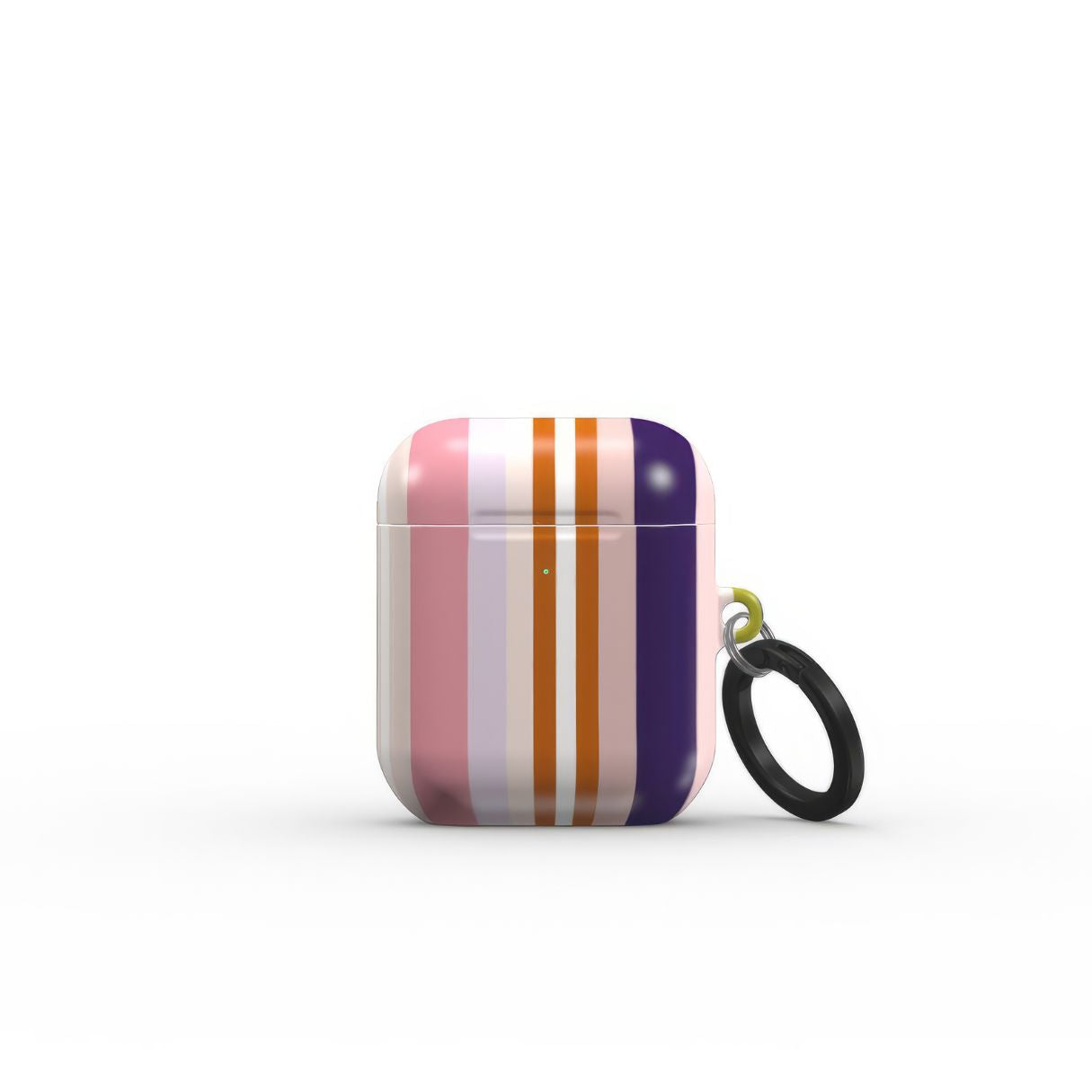 AirPods 1 and 2 tough case Parallel Flow Pink pattern with tiny color stripes, featuring an elegant and expressive aesthetic design. Main colors are pink, lilac and purple. Close front view.