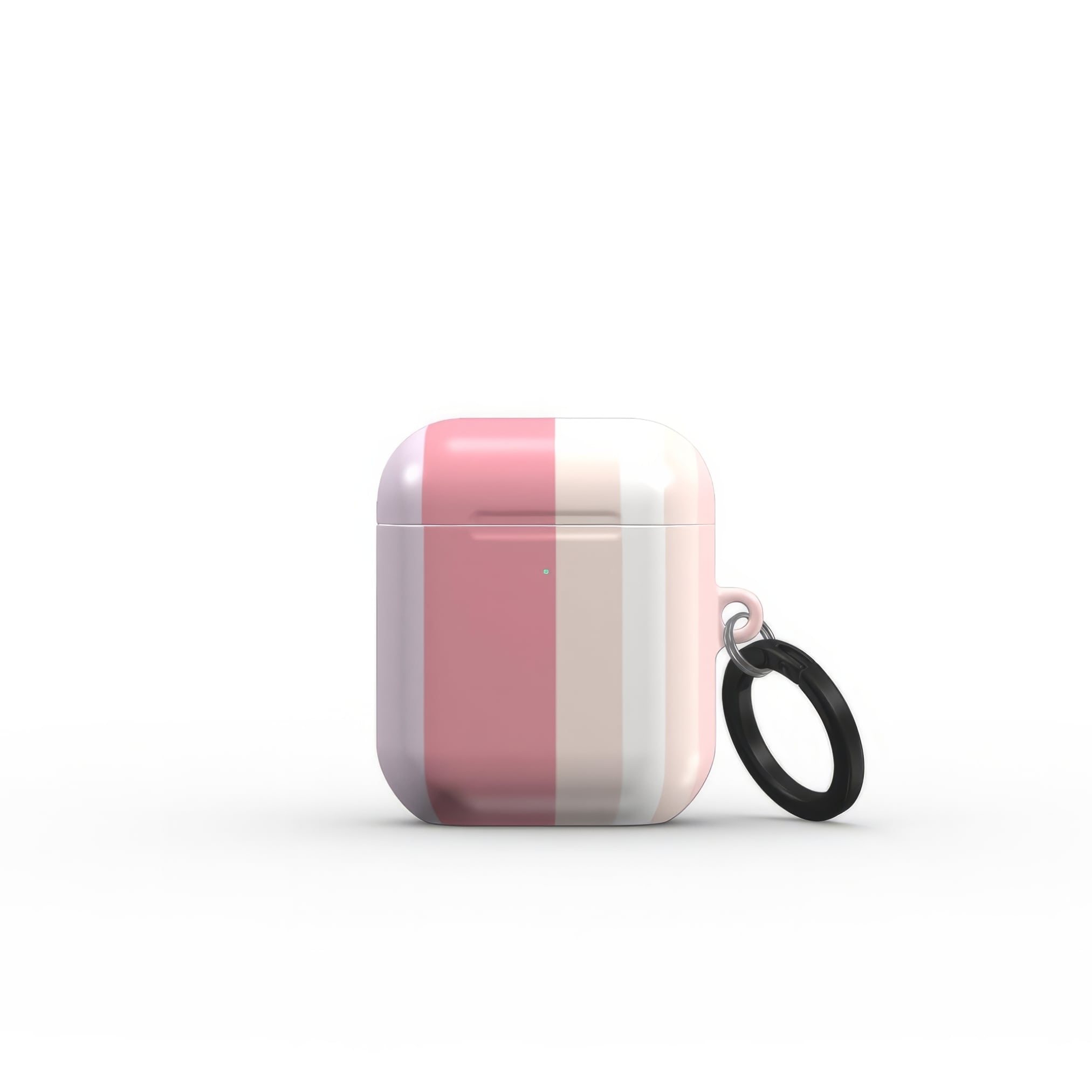 AirPods 1 and 2 tough case Parallel Flow Pink pattern with tiny color stripes, featuring an elegant and expressive aesthetic design. Main colors are pink, lilac and purple. Close front view.