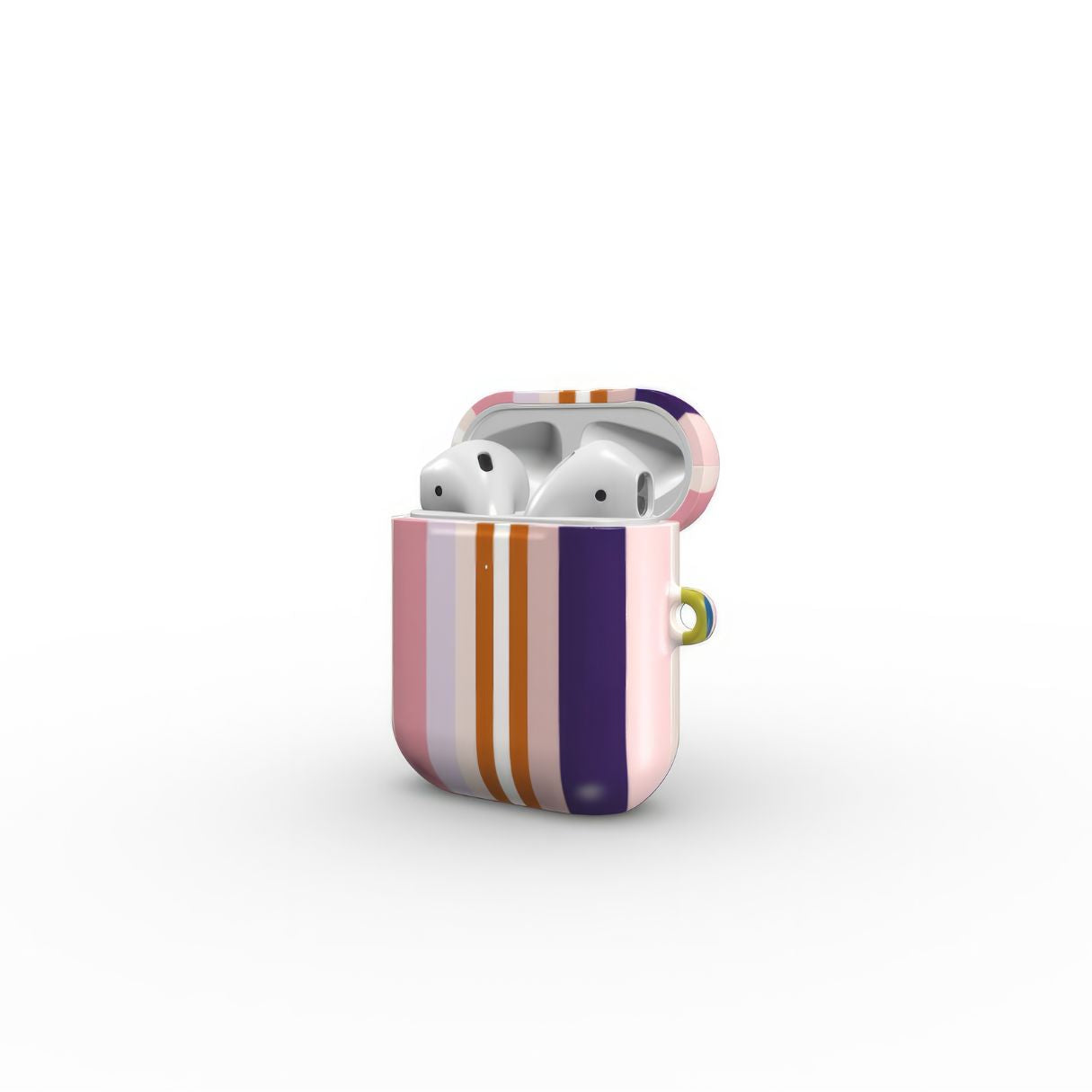 AirPods 1 and 2 tough case Parallel Flow Pink pattern with tiny color stripes, featuring an elegant and expressive aesthetic design. Main colors are pink, lilac and purple. Side opened view.