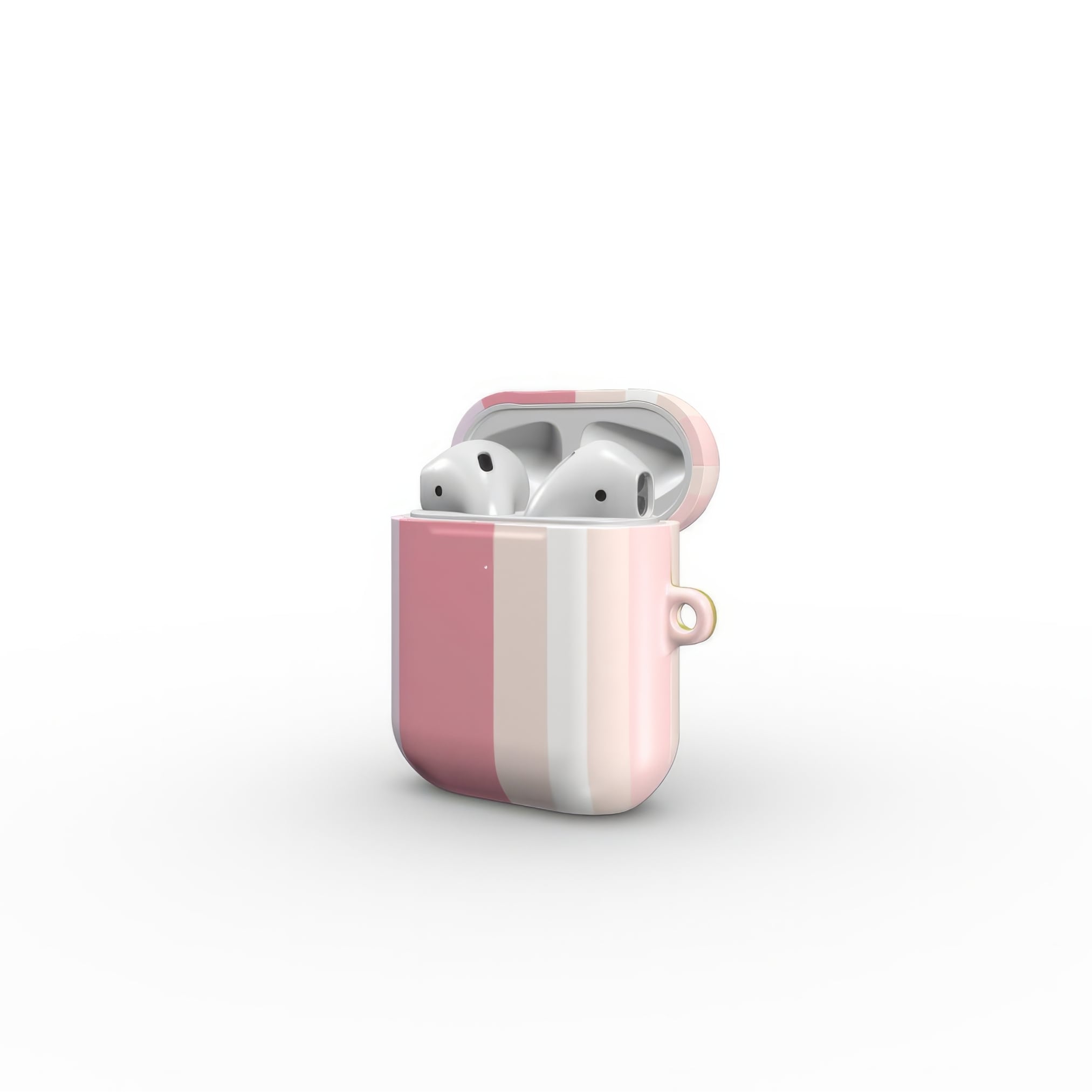 AirPods 1 and 2 tough case Parallel Flow Pink pattern with tiny color stripes, featuring an elegant and expressive aesthetic design. Main colors are pink, lilac and purple. Side opened view.