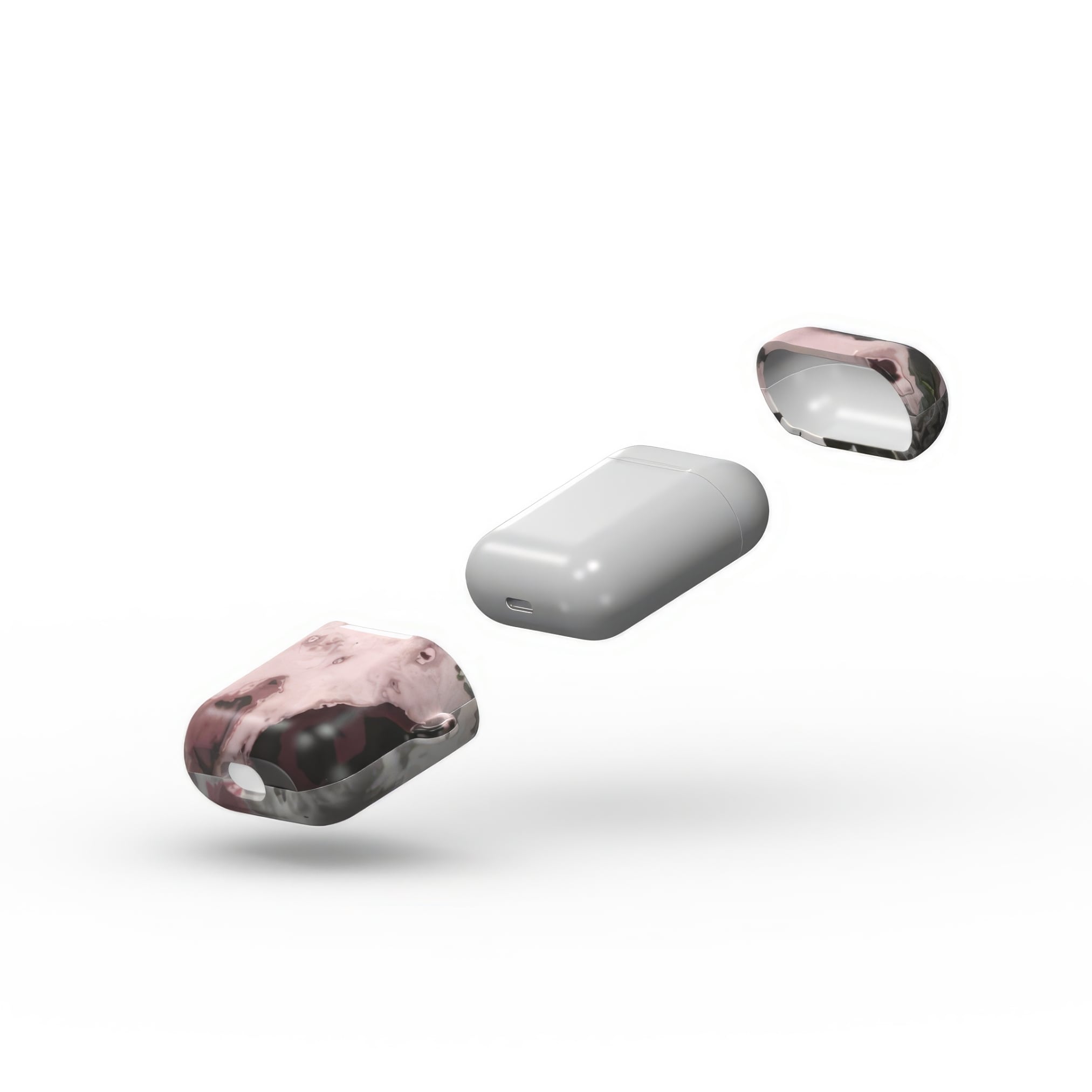 AirPods 1 and 2 tough case extend view; Pink Moss 1 pattern, artistic, abstract marble pattern. Pink and Grey color combination.