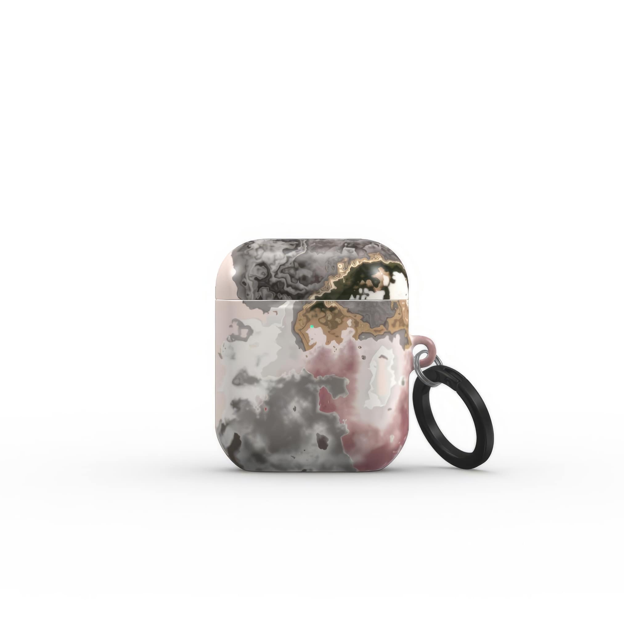 AirPods 1/2 tough case front view; Pink Moss pattern, artistic, abstract marble pattern. Pink and Grey color combination.