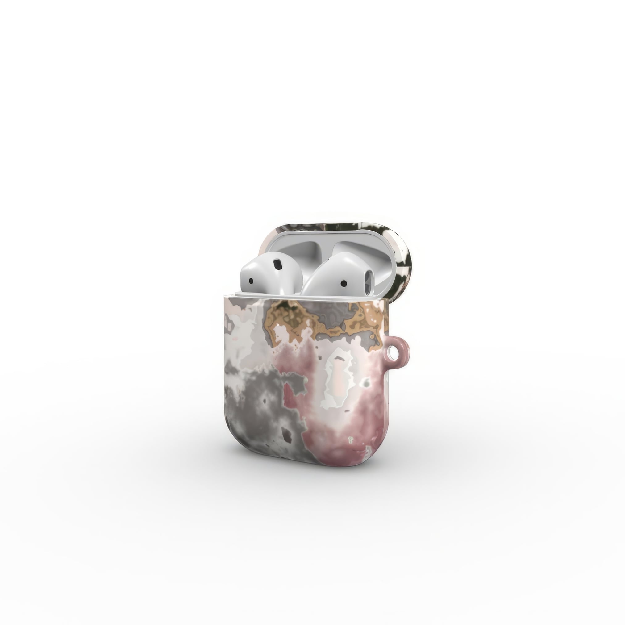 AirPods 1/2 tough case open view; Pink Moss pattern, artistic, abstract marble pattern. Pink and Grey color combination.