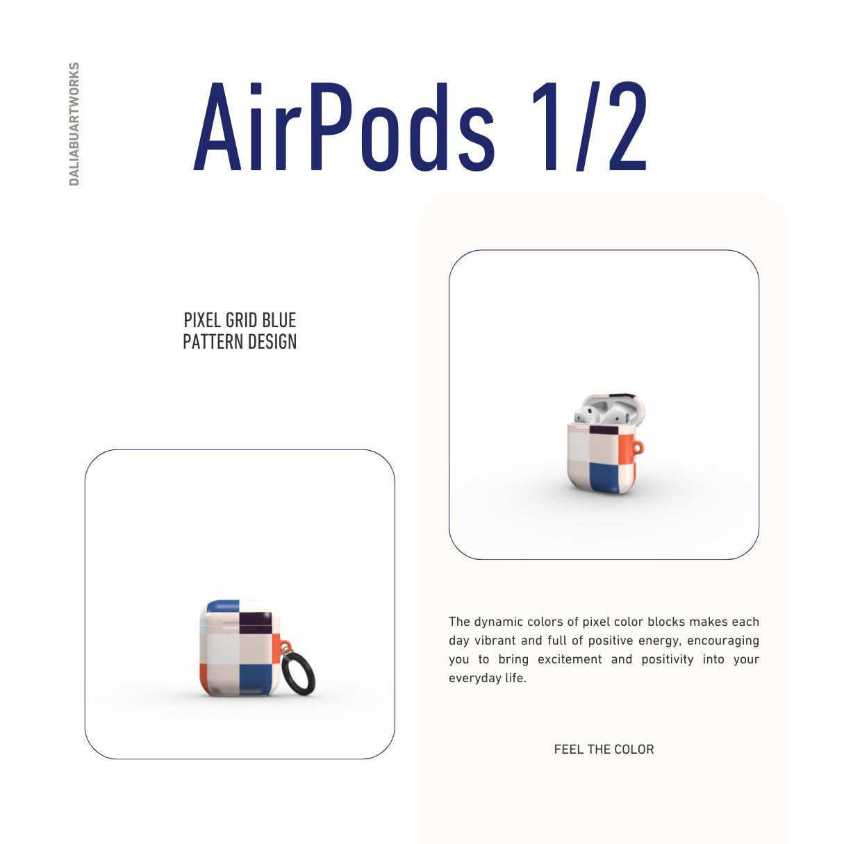 AirPods 1 and 2 ultra thin hard shell tough case Pixel Grid Blue pattern design with a bold color blocks in pixel and stripes modern style, featuring an elegant and expressive aesthetic design. Main colors are pink, navy, orange red and light sky blue. Front view.