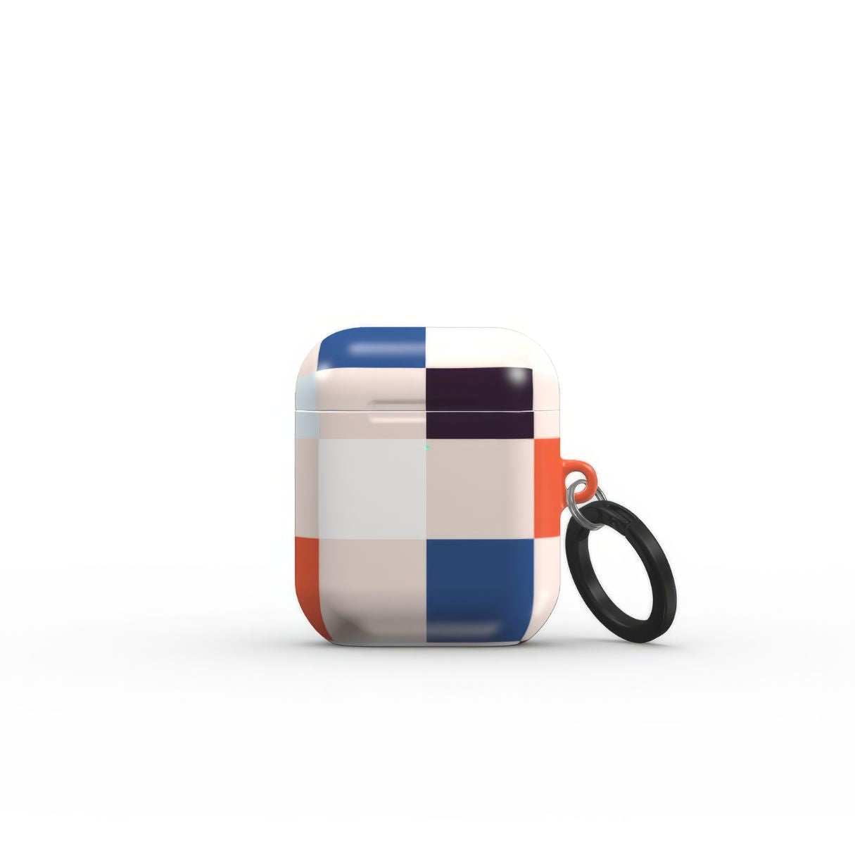 AirPods 1 and 2 ultra thin hard shell tough case Pixel Grid Blue pattern design with a bold color blocks in pixel and stripes modern style, featuring an elegant and expressive aesthetic design. Main colors are pink, navy, orange red and light sky blue. Front closed view.