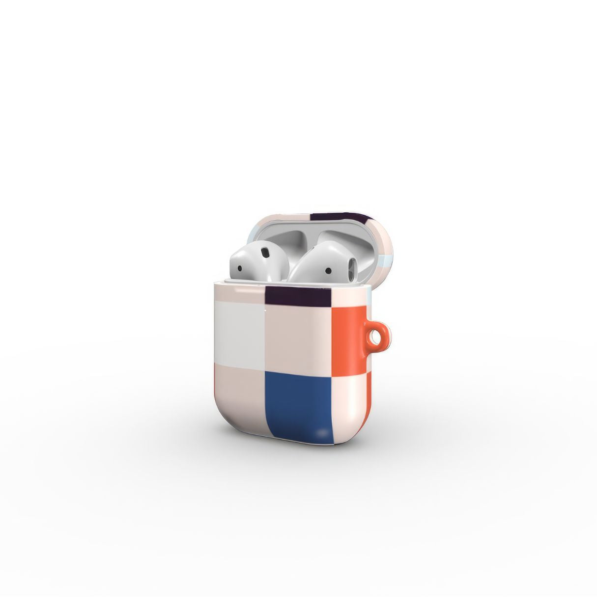 AirPods 1 and 2 ultra thin hard shell tough case Pixel Grid Blue pattern design with a bold color blocks in pixel and stripes modern style, featuring an elegant and expressive aesthetic design. Main colors are pink, navy, orange red and light sky blue. Open side view.