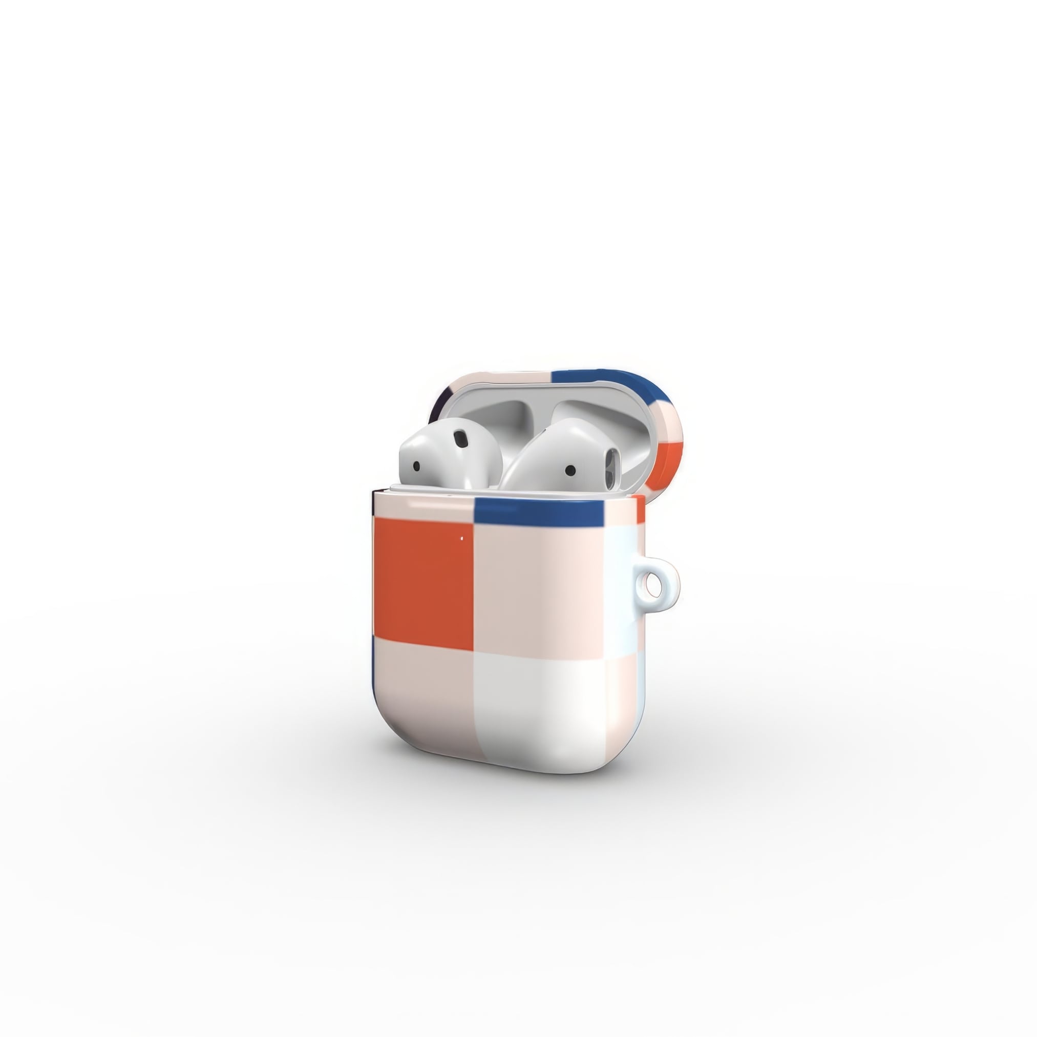 AirPods 1 and 2 ultra thin hard shell tough case Pixel Grid Blue pattern design with a bold color blocks in pixel and stripes modern style, featuring an elegant and expressive aesthetic design. Main colors are pink, navy, orange red and light sky blue. Open side view.
