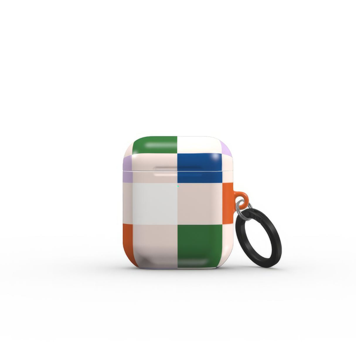 AirPods 1 and 2 case Pixel Grid Multi pattern design with a bold color blocks in pixel and stripes modern style, featuring an elegant and expressive aesthetic design. Main colors are rich orange, blue, lilac and green. Front view.