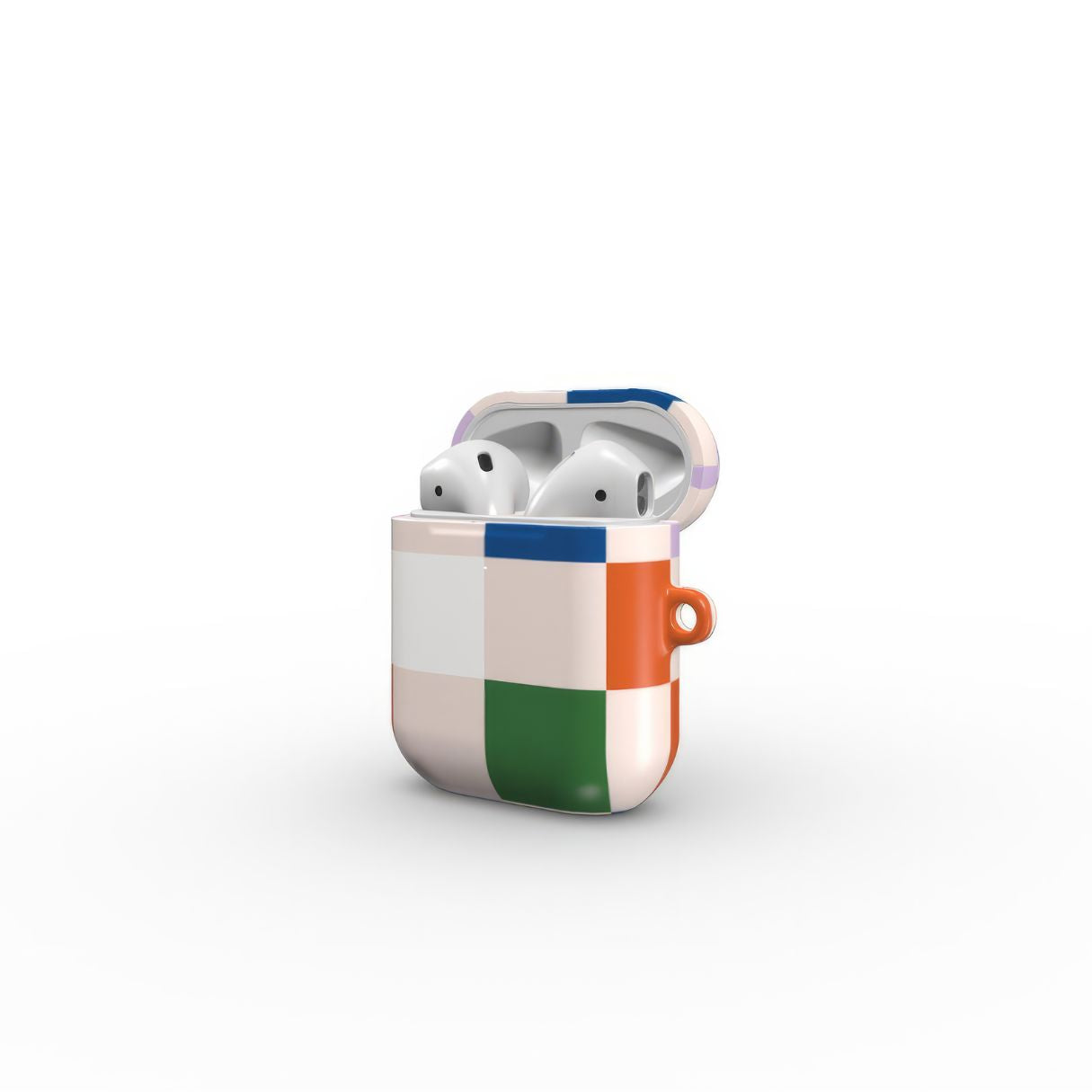 AirPods 1 and 2 case Pixel Grid Multi pattern design with a bold color blocks in pixel and stripes modern style, featuring an elegant and expressive aesthetic design. Main colors are rich orange, blue, lilac and green. Open side view.