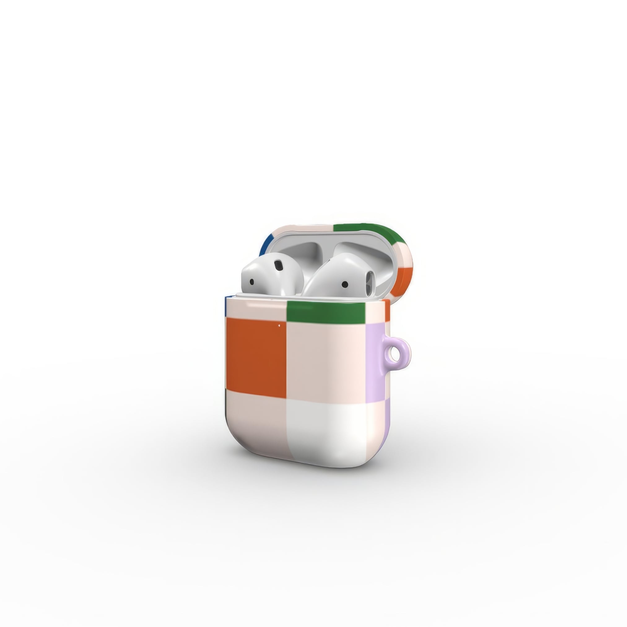 AirPods 1 and 2 case Pixel Grid Multi pattern design with a bold color blocks in pixel and stripes modern style, featuring an elegant and expressive aesthetic design. Main colors are rich orange, blue, lilac and green. Open side view.