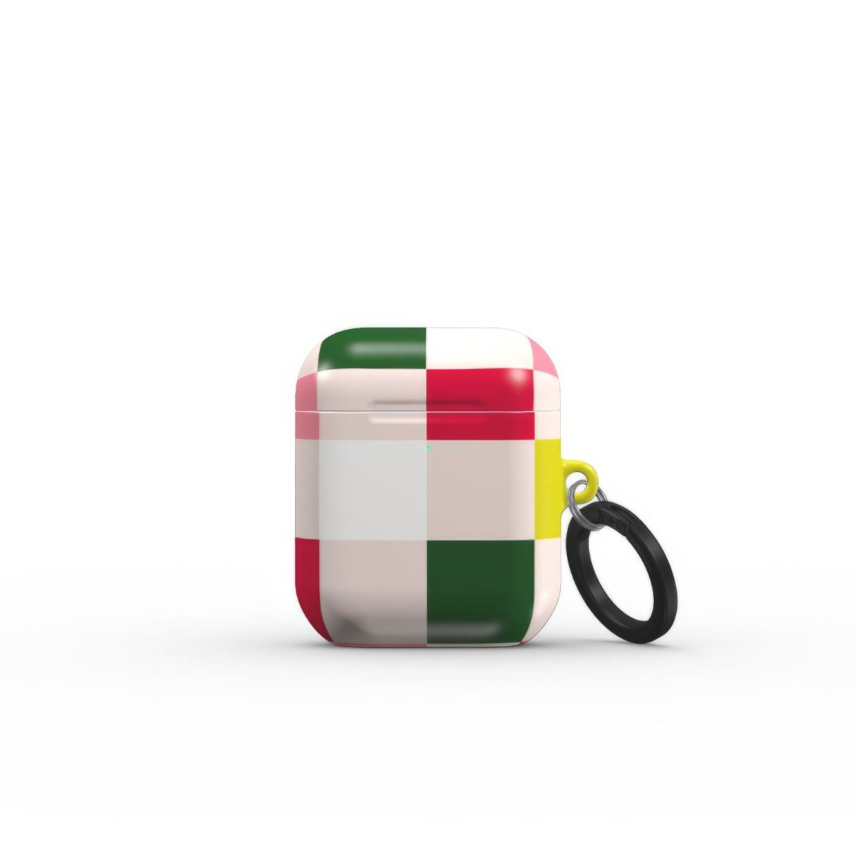 Apple AirPods 1 and 2 tough case Pixel Grid Pink pattern design with a bold color blocks in pixel and stripes modern style, featuring an elegant and expressive aesthetic design. Main colors are rich red, pink yellow and green. Front view.