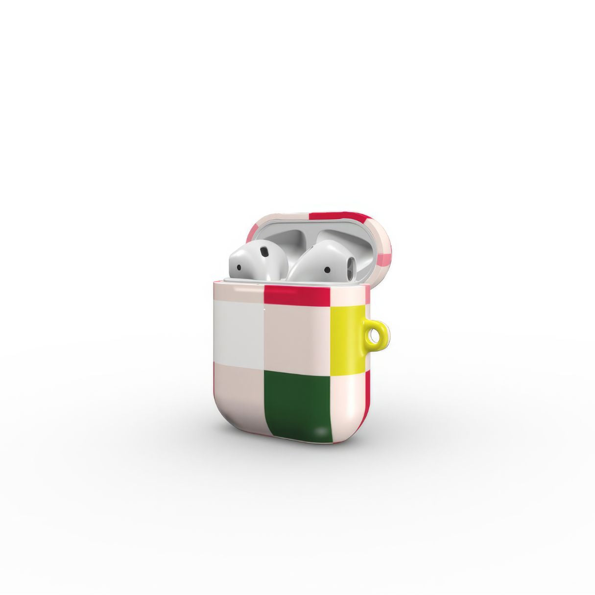 Apple AirPods 1 and 2 tough case Pixel Grid Pink pattern design with a bold color blocks in pixel and stripes modern style, featuring an elegant and expressive aesthetic design. Main colors are rich red, pink yellow and green. Open side view.
