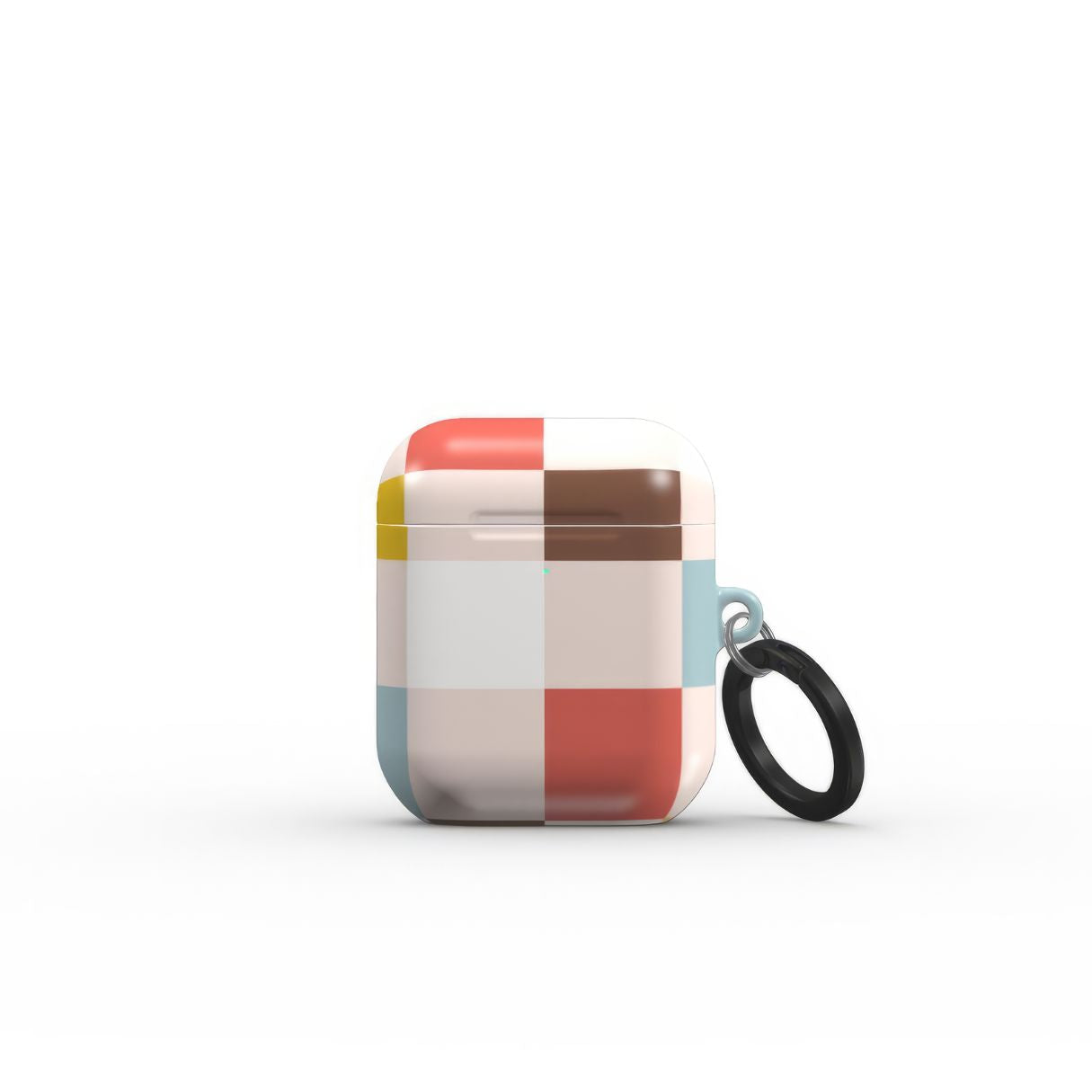 AirPods 1 and 2 tough case Pixel Grid Vintage pattern design with a bold color blocks in pixel and stripes modern style, featuring an elegant and expressive aesthetic design. Main colors are pastel with pink, brown, muted red and light sky blue. Side open view.