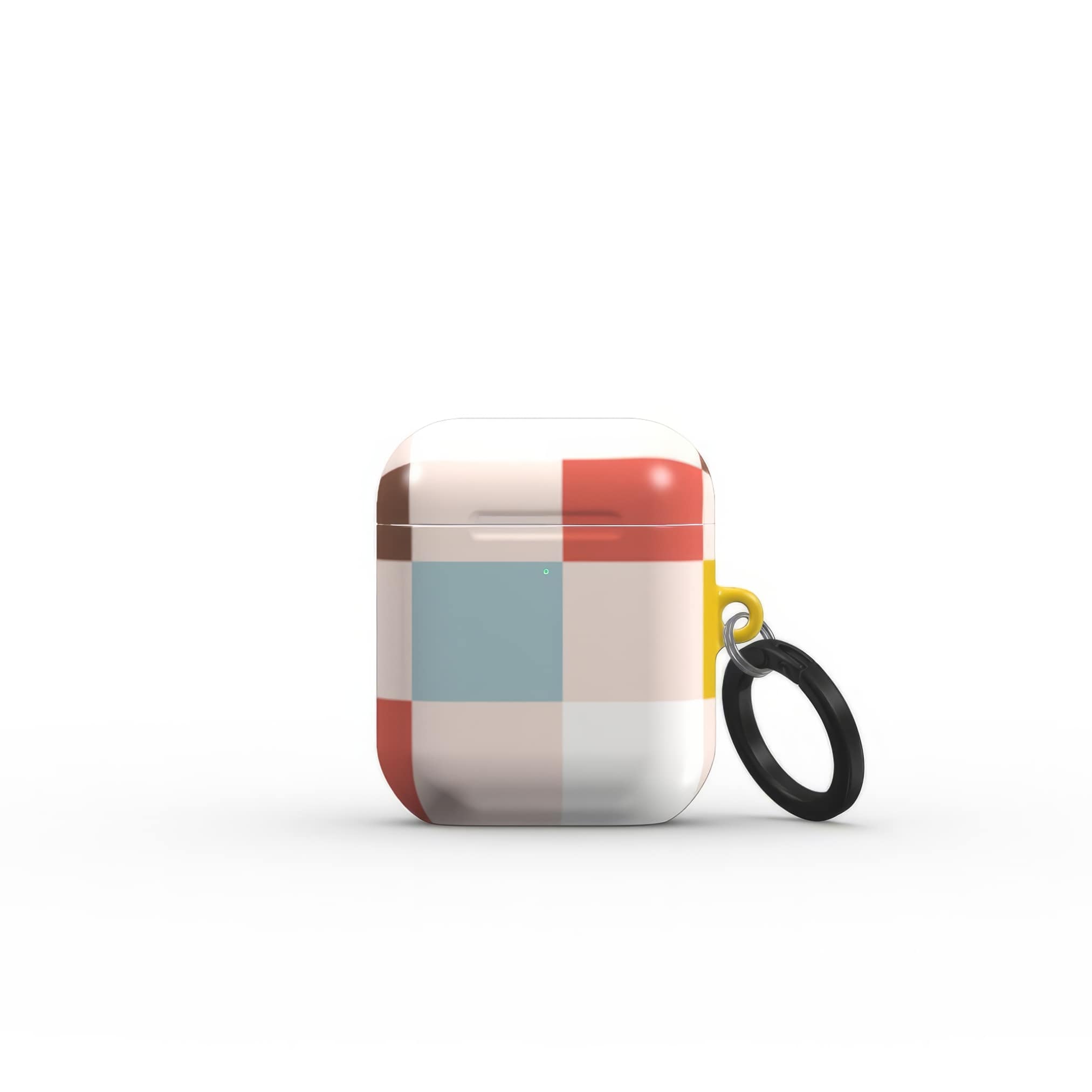 AirPods 1 and 2 tough case Pixel Grid Vintage pattern design with a bold color blocks in pixel and stripes modern style, featuring an elegant and expressive aesthetic design. Main colors are pastel with pink, brown, muted red and light sky blue. Side open view.