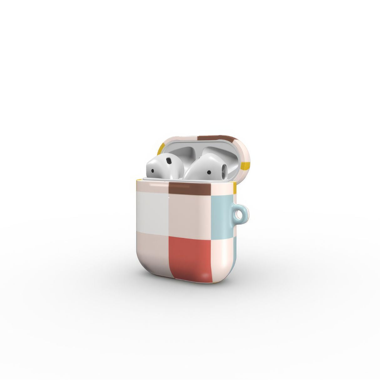 AirPods 1 and 2 tough case Pixel Grid Vintage pattern design with a bold color blocks in pixel and stripes modern style, featuring an elegant and expressive aesthetic design. Main colors are pastel with pink, brown, muted red and light sky blue. Side open view.
