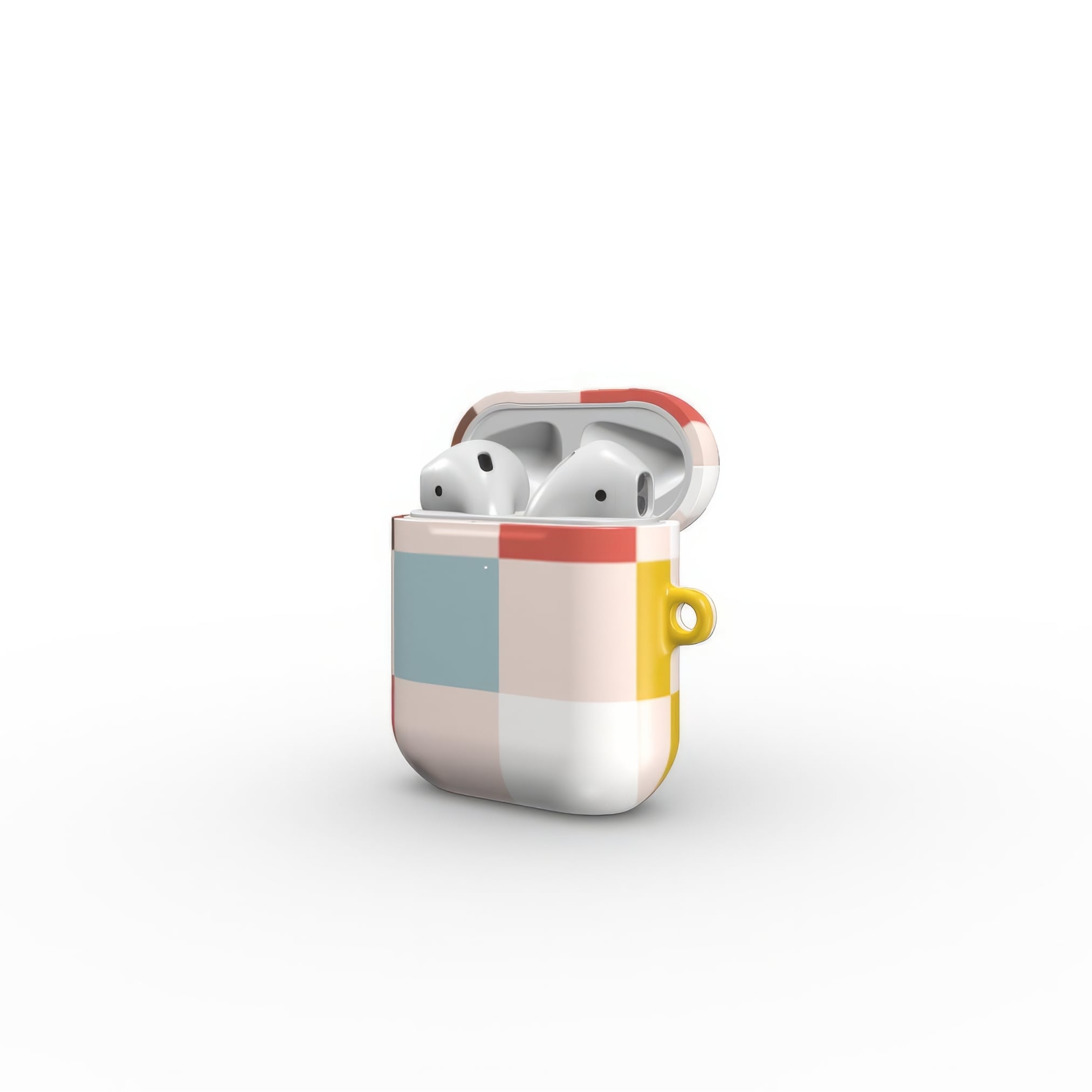 AirPods 1 and 2 tough case Pixel Grid Vintage pattern design with a bold color blocks in pixel and stripes modern style, featuring an elegant and expressive aesthetic design. Main colors are pastel with pink, brown, muted red and light sky blue. Side open view.