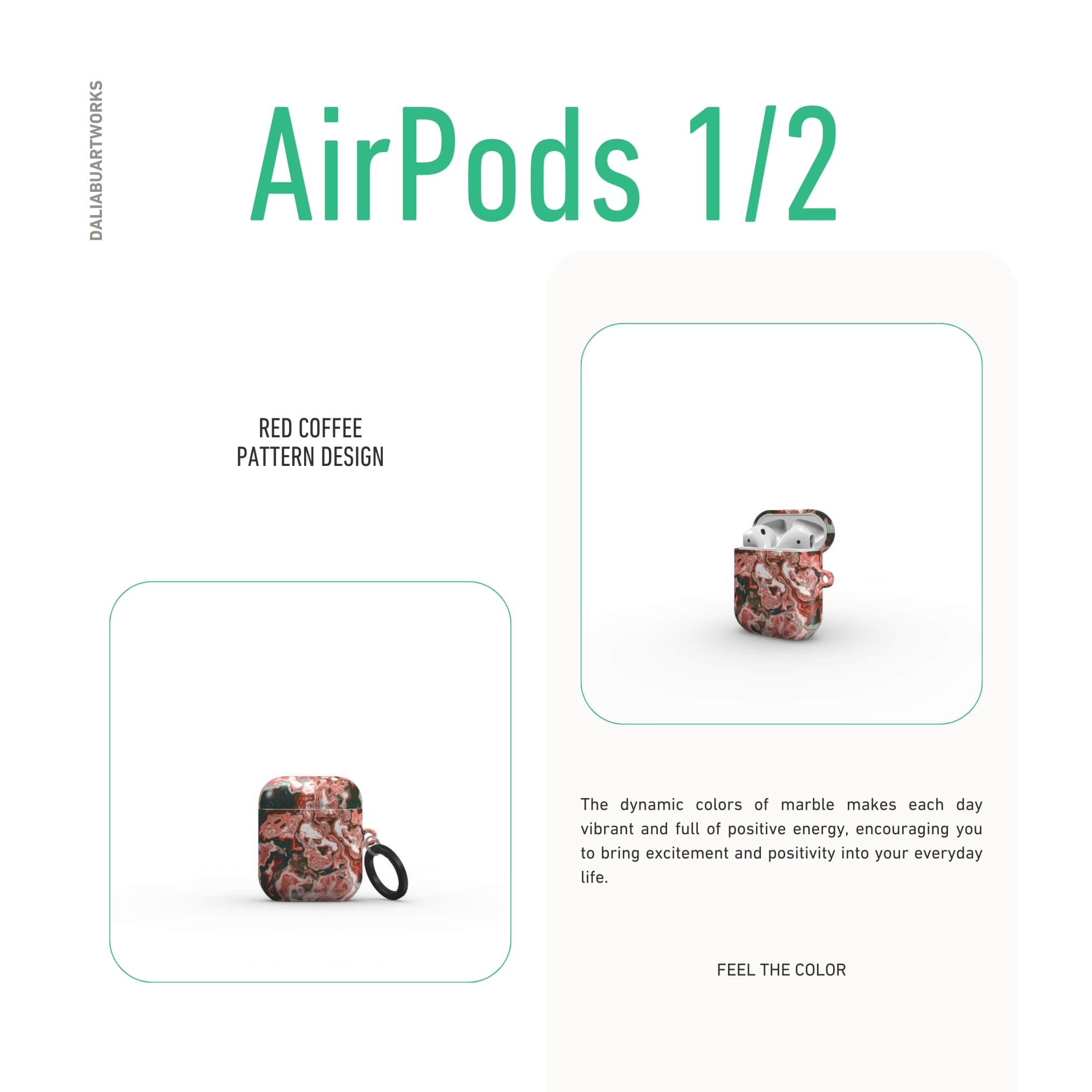 AirPods 1/2 tough case front view; Red Coffee pattern, artistic, abstract marble pattern. red and light blue color combination.