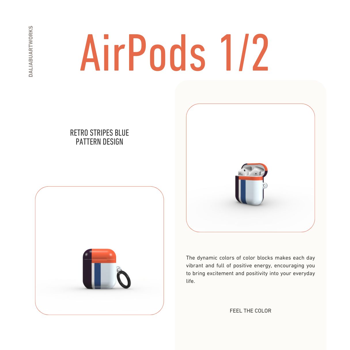 Apple AirPods 1 and 2 tough case Retro Stripes Blue pattern design with a bold color blocks in vintage, mid century modern style, featuring an elegant and expressive aesthetic design. Main colors are deep purple, navy, light blue and orange red. Front view.