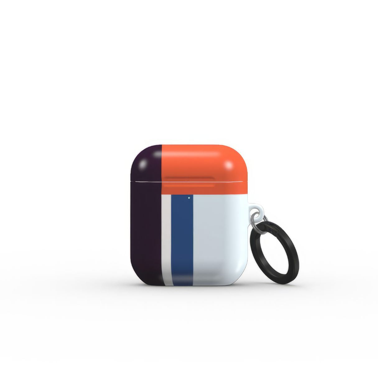 Apple AirPods 1 and 2 tough case Retro Stripes Blue pattern design with a bold color blocks in vintage, mid century modern style, featuring an elegant and expressive aesthetic design. Main colors are deep purple, navy, light blue and orange red. Front view.
