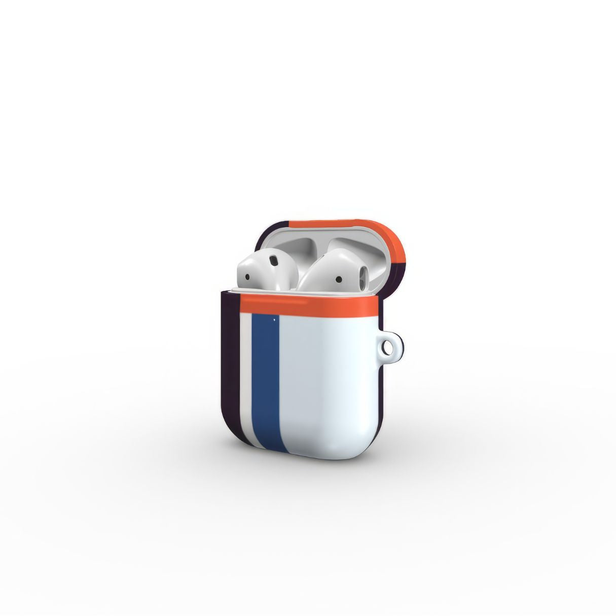 Apple AirPods 1 and 2 tough case Retro Stripes Blue pattern design with a bold color blocks in vintage, mid century modern style, featuring an elegant and expressive aesthetic design. Main colors are deep purple, navy, light blue and orange red. Open side view.
